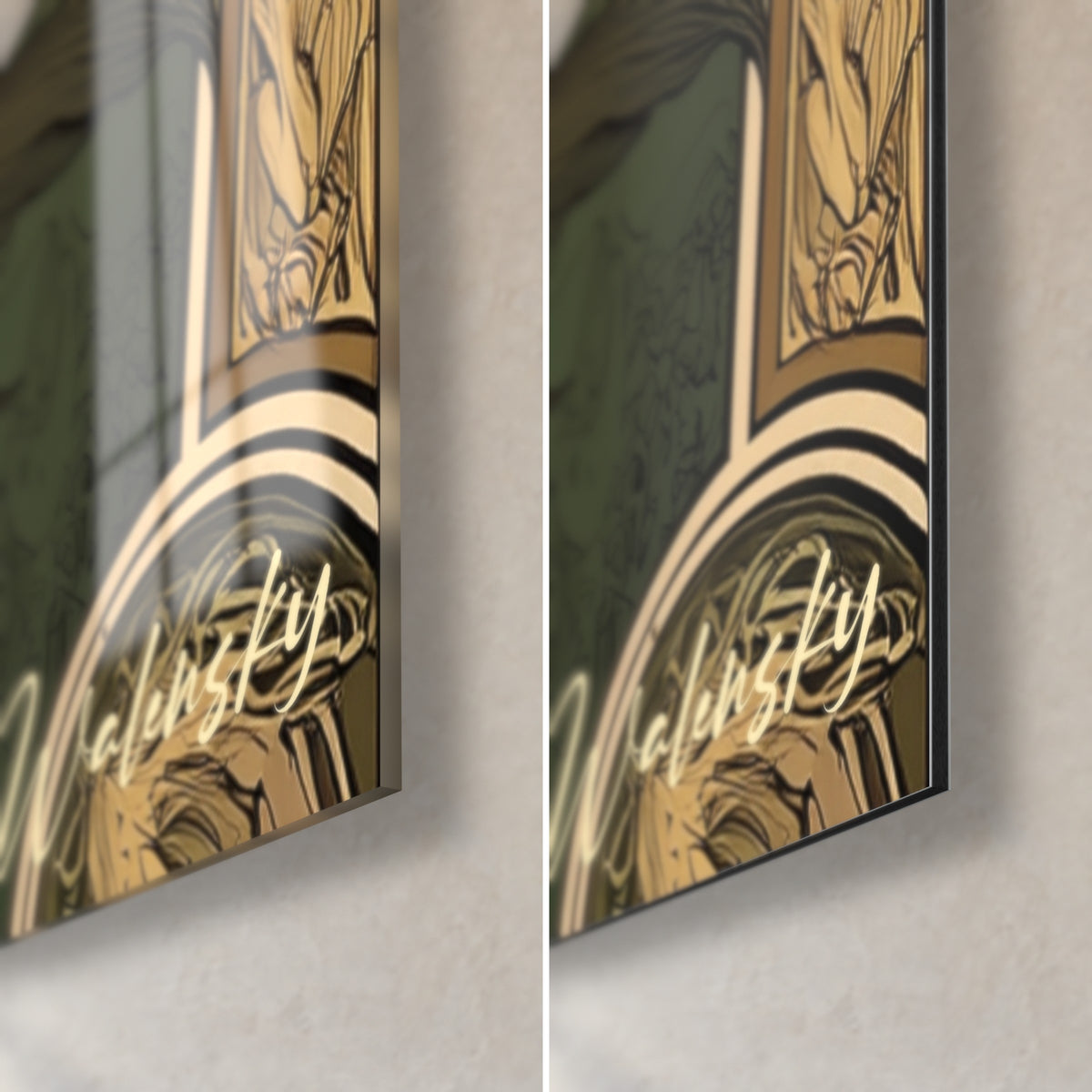 Tableau lys ivoire en bordure ornementale or et vert, coin bas droit : verre acrylique brillant à gauche, Dibond mat à droite