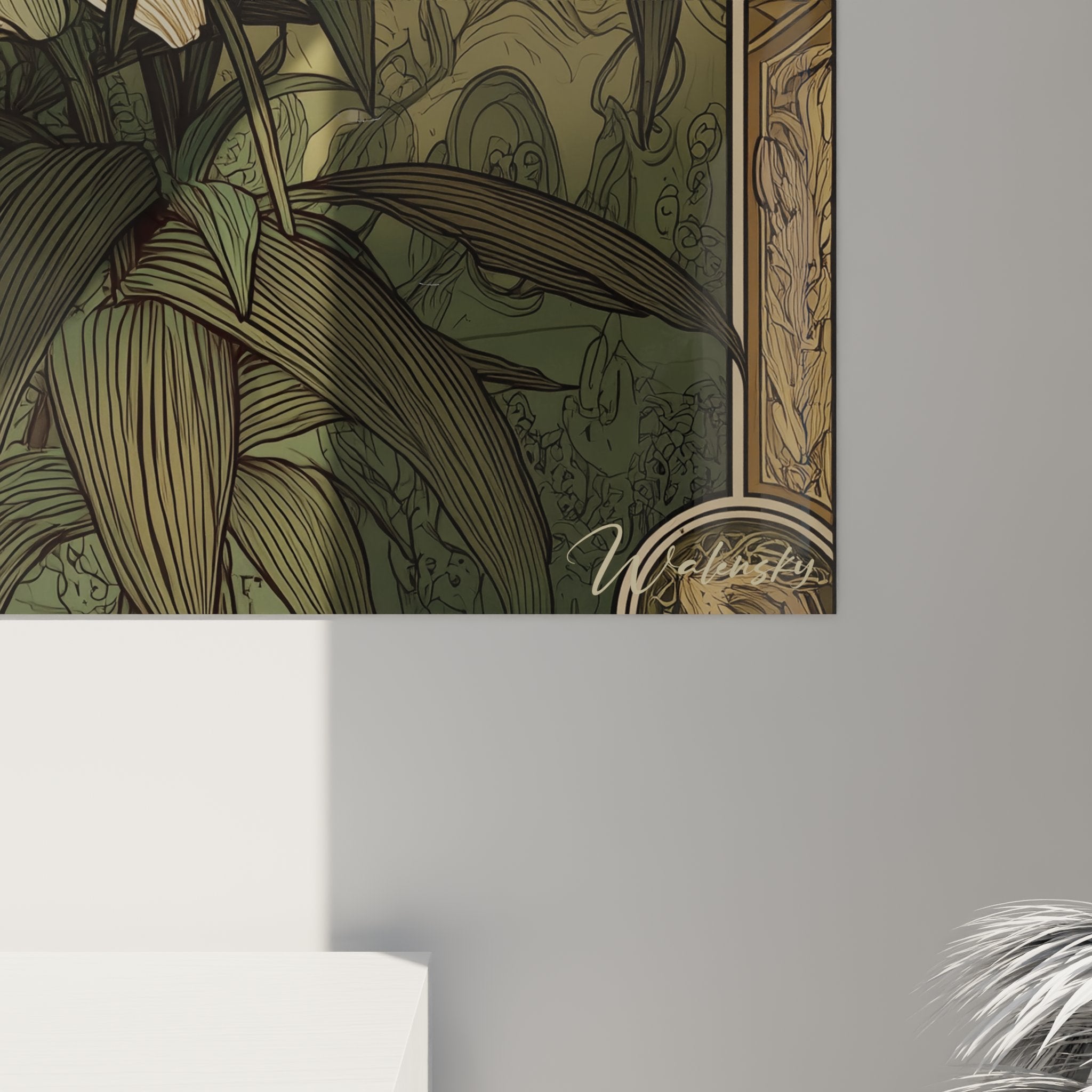 Vue d'ensemble tableau art déco lys blancs, composition florale encadrée de motifs géométriques dorés