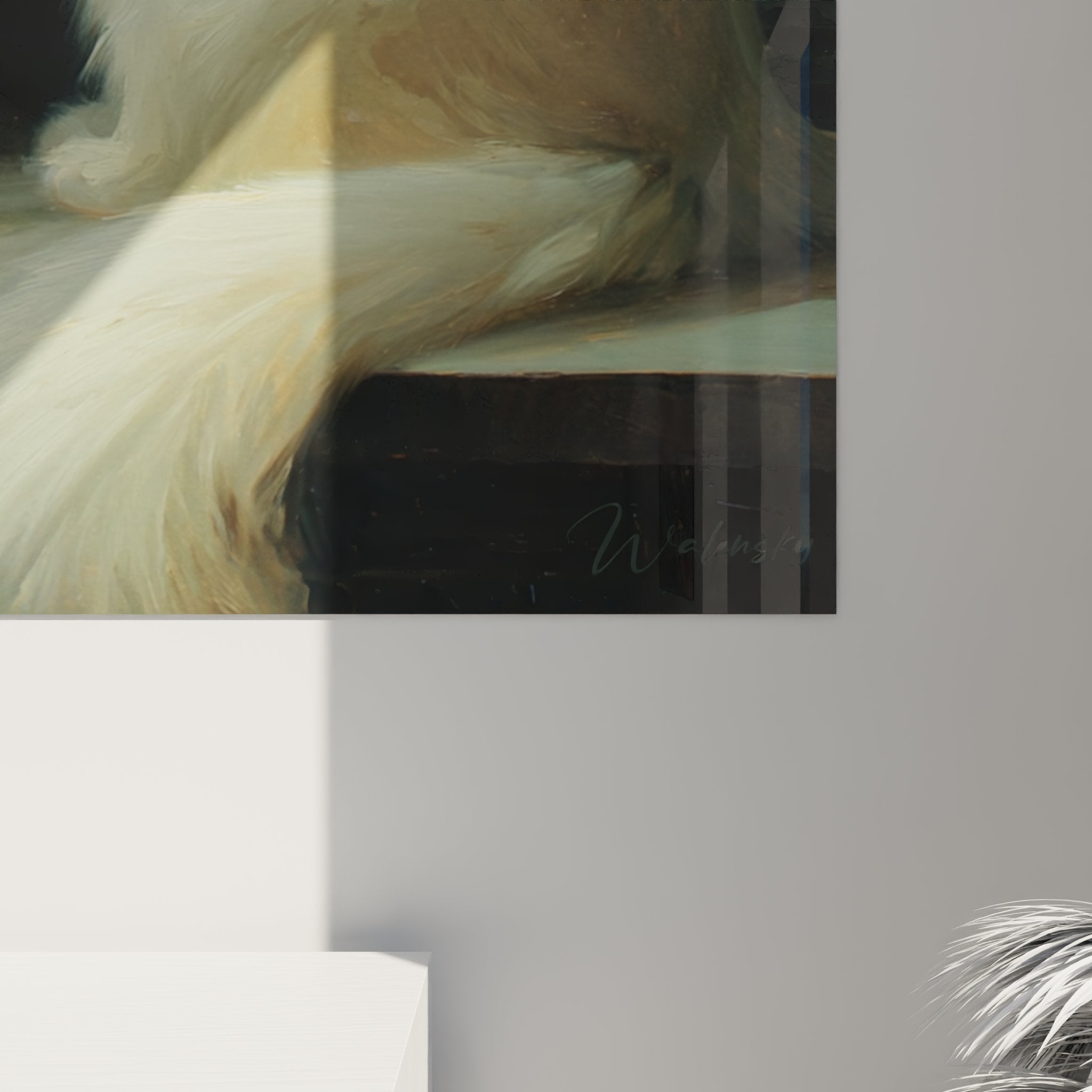 Vista d'insieme quadro murale gatto birmano bianco in arredamento porcellane asiatiche atmosfera zen e sofisticata