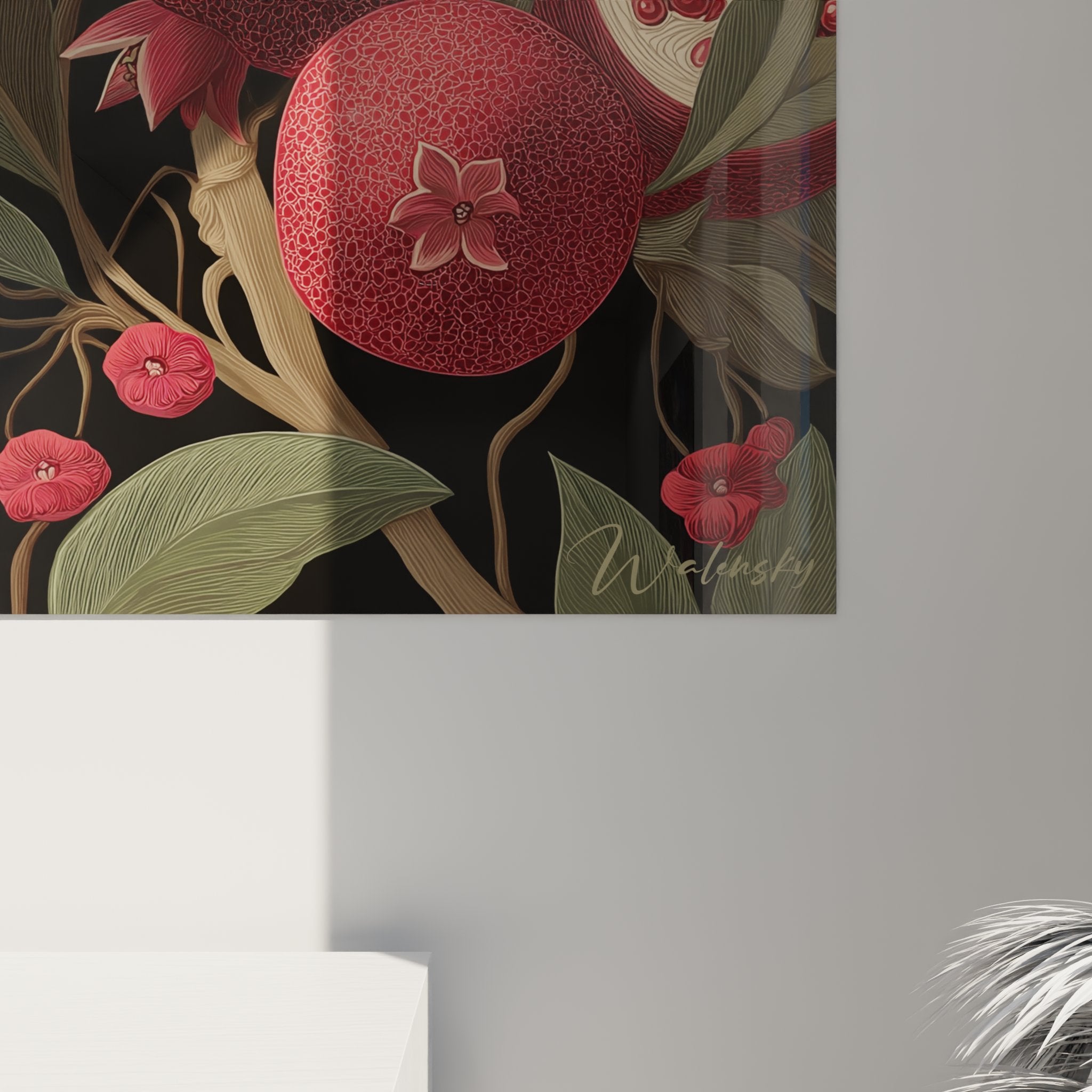 Vue d'ensemble tableau nature morte art déco grenades rouges et motifs floraux décoratifs vintage