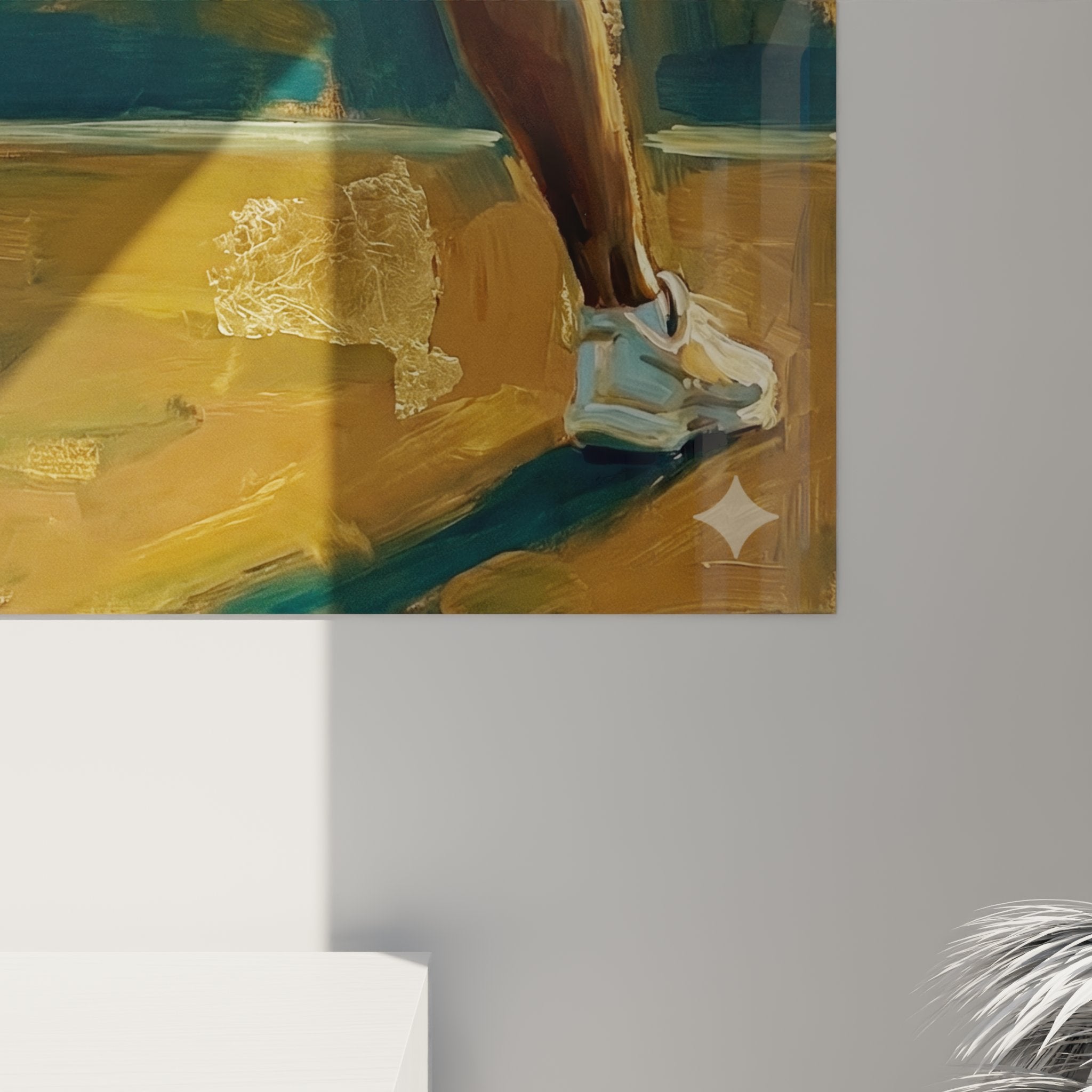 Vue perspective tableau tennis mural joueuse féminine dos position attente court style artistique moderne