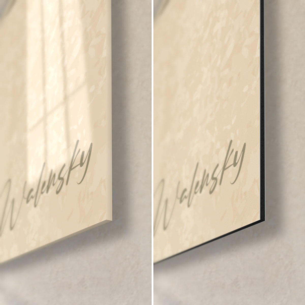 Wall art tabby kitten with orange foliage, bottom right corner: glossy acrylic glass on the left, matte black Dibond aluminium on the right, 3 mm edge