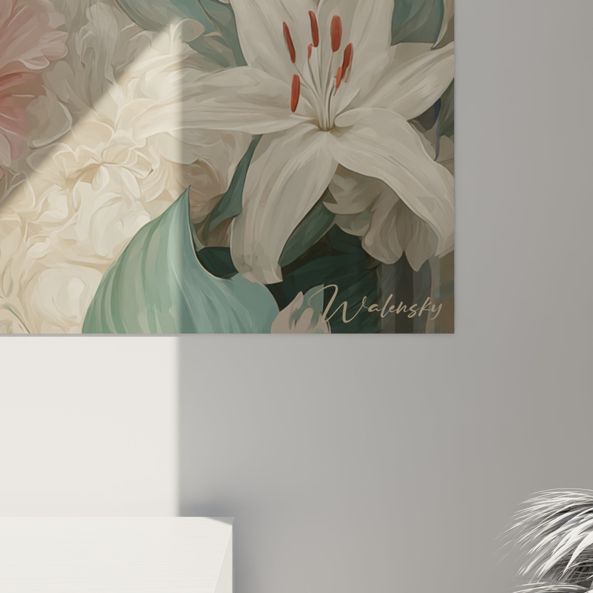 Perspective view of Turkish Angora cat wall art in flower garden refined interior decoration