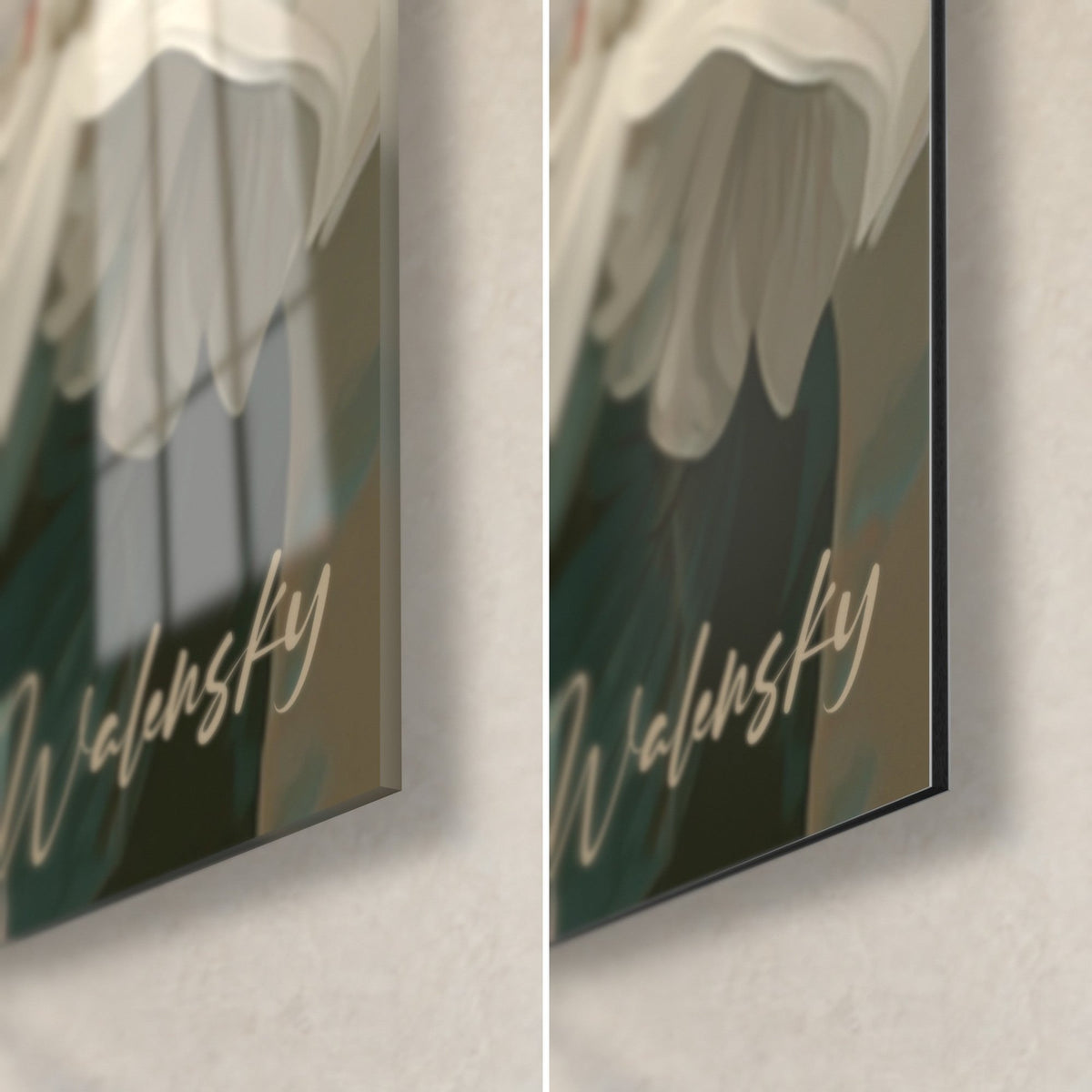 Schilderij witte kat in bloemenschilderij, rechtsonder: glanzend acrylglas en mat grijsgroen Dibond-aluminium, signatuur Walensky, rand van 3 mm