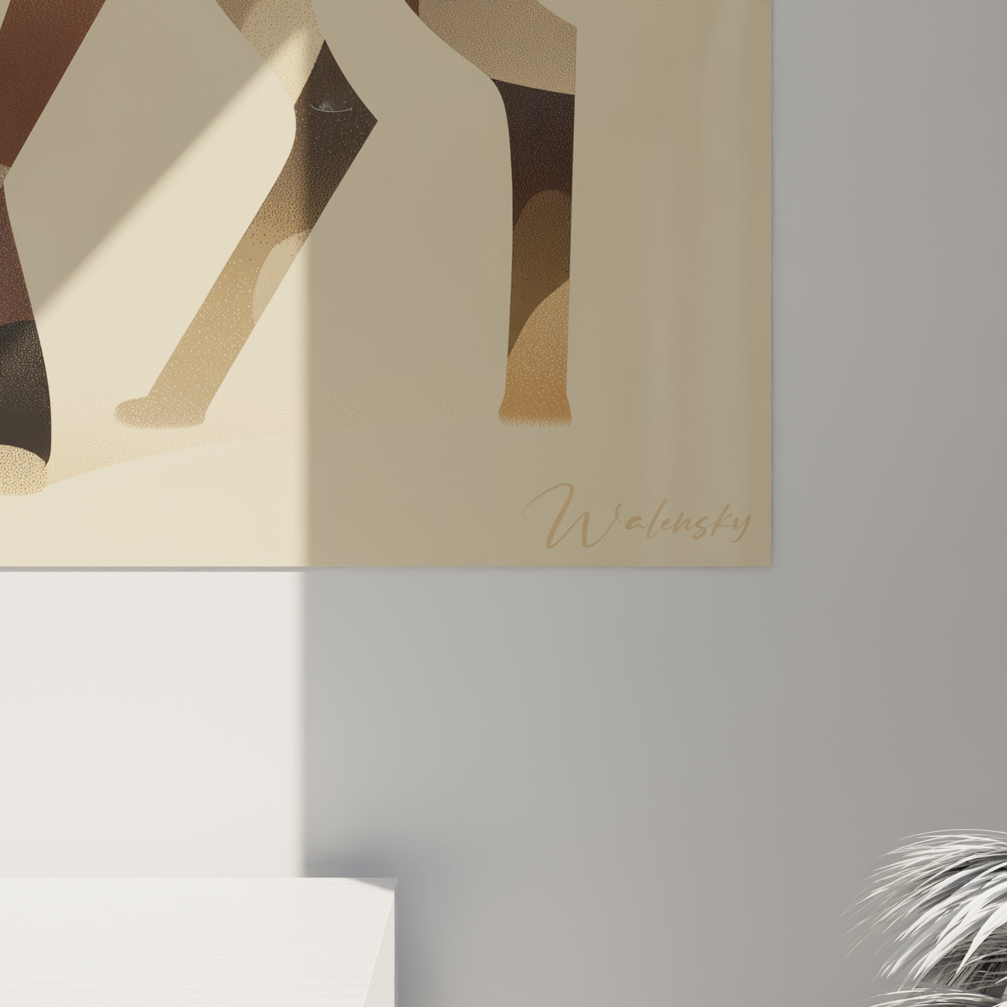 Overview of abstract geometric cat painting, contemporary wall art decoration style
