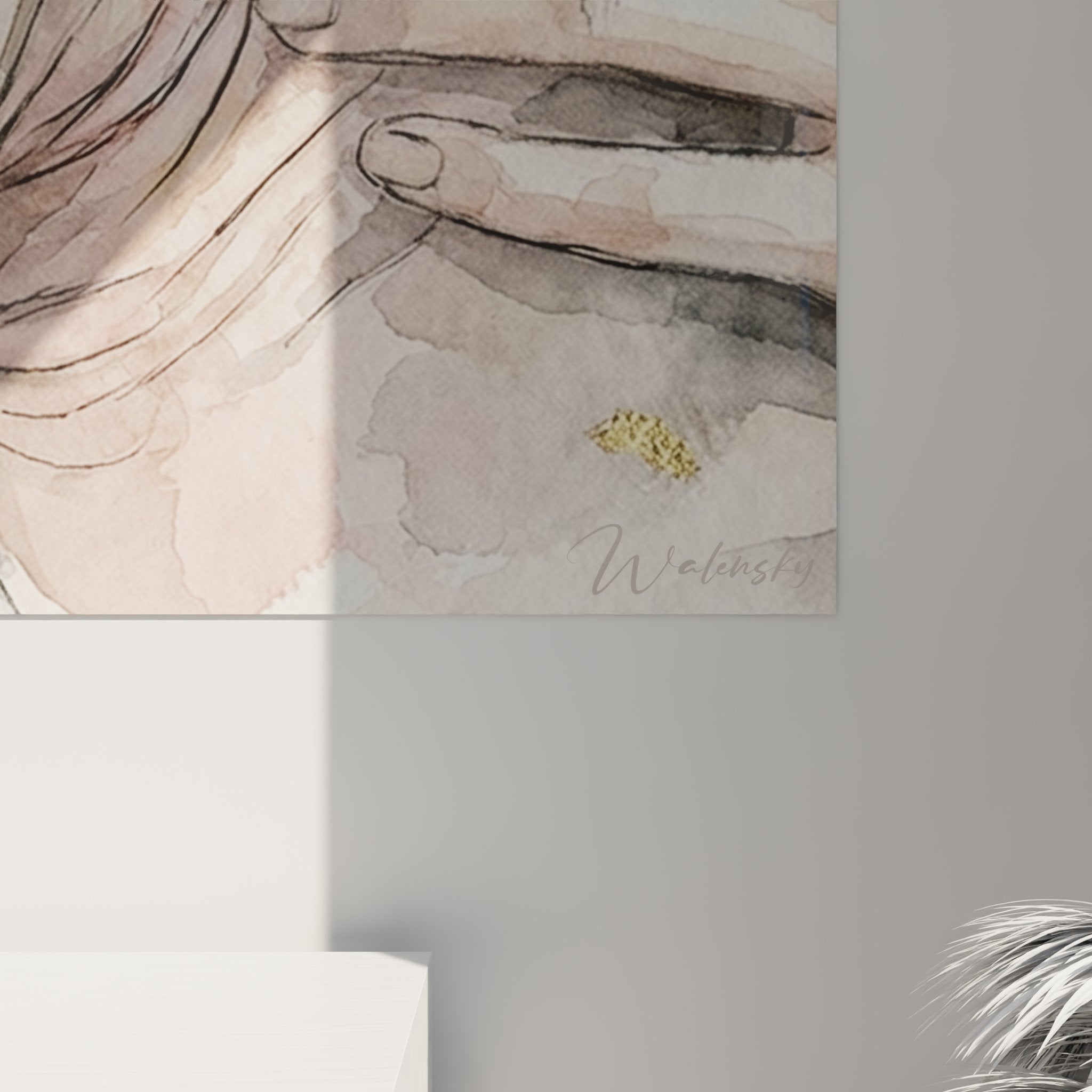 Vista d'insieme quadro gatto Peterbald acquerello, opera arte felino moderna decorazione murale