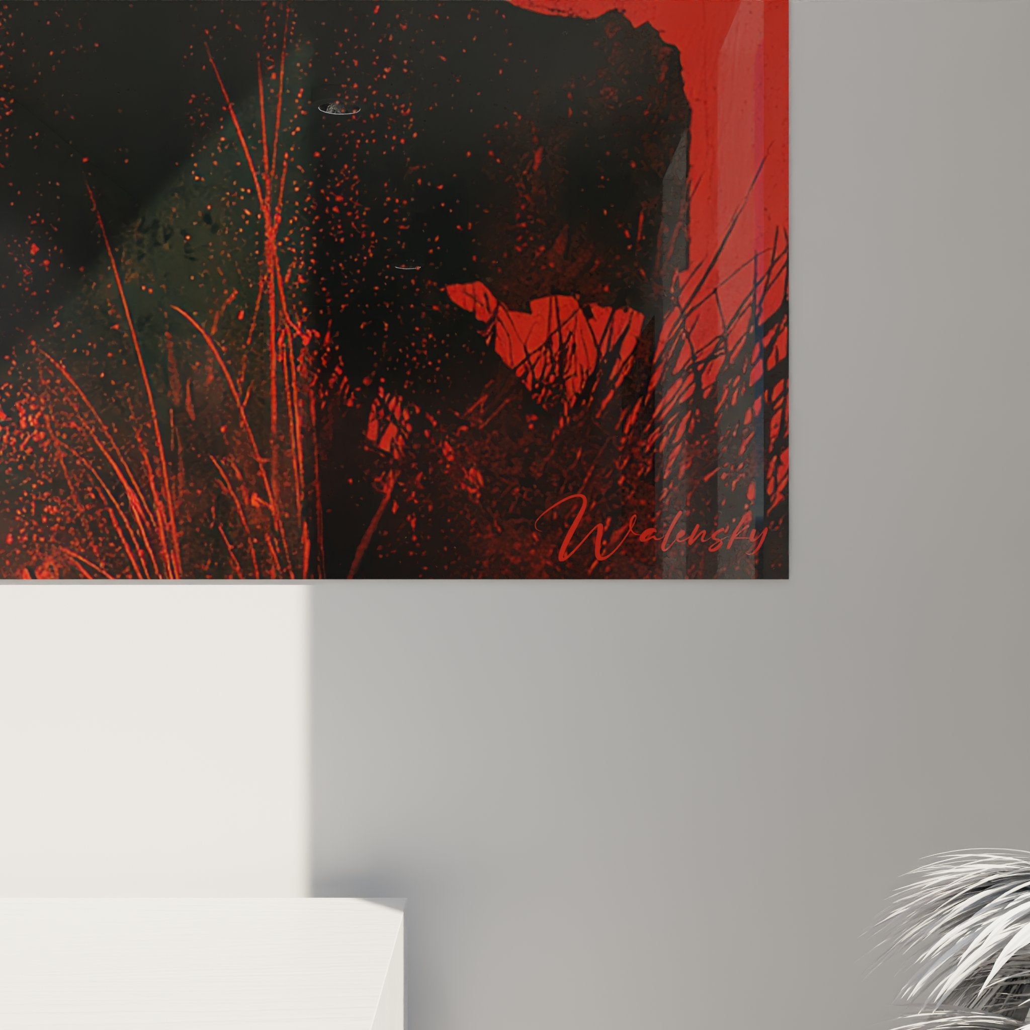 Panoramica del quadro arte africana, ballerina in movimento davanti al sole al tramonto rosso arancione