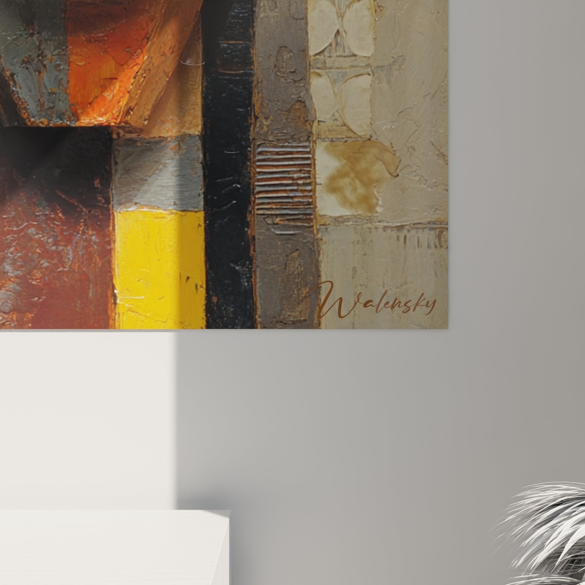 Vista prospettica quadro arte tribale africana maschera stilizzata, composizione geometrica tonalità calde decorazione murale