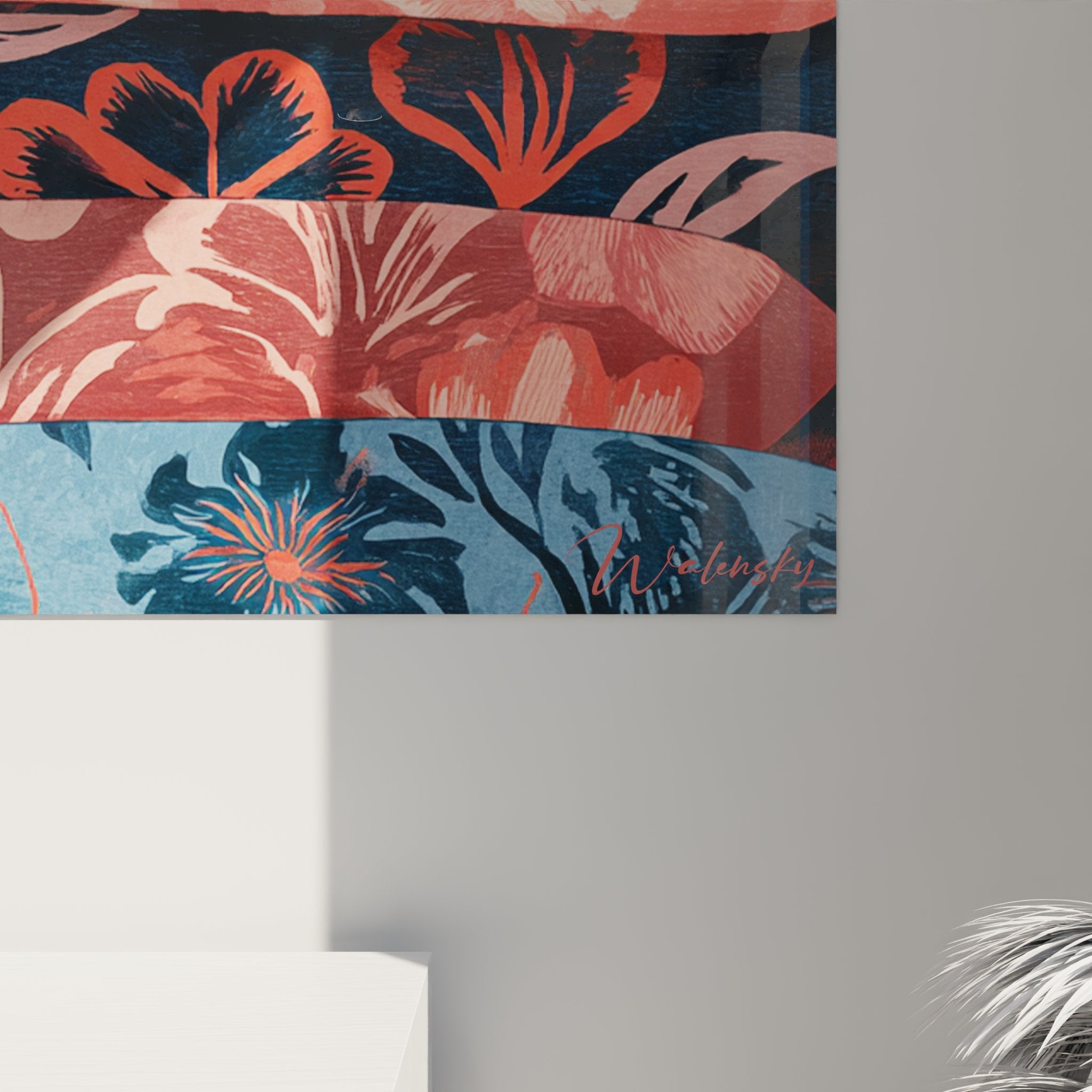 Vista prospettica quadro murale gatto siamese tropicale rosso motivi hawaiani decorazione interni moderni