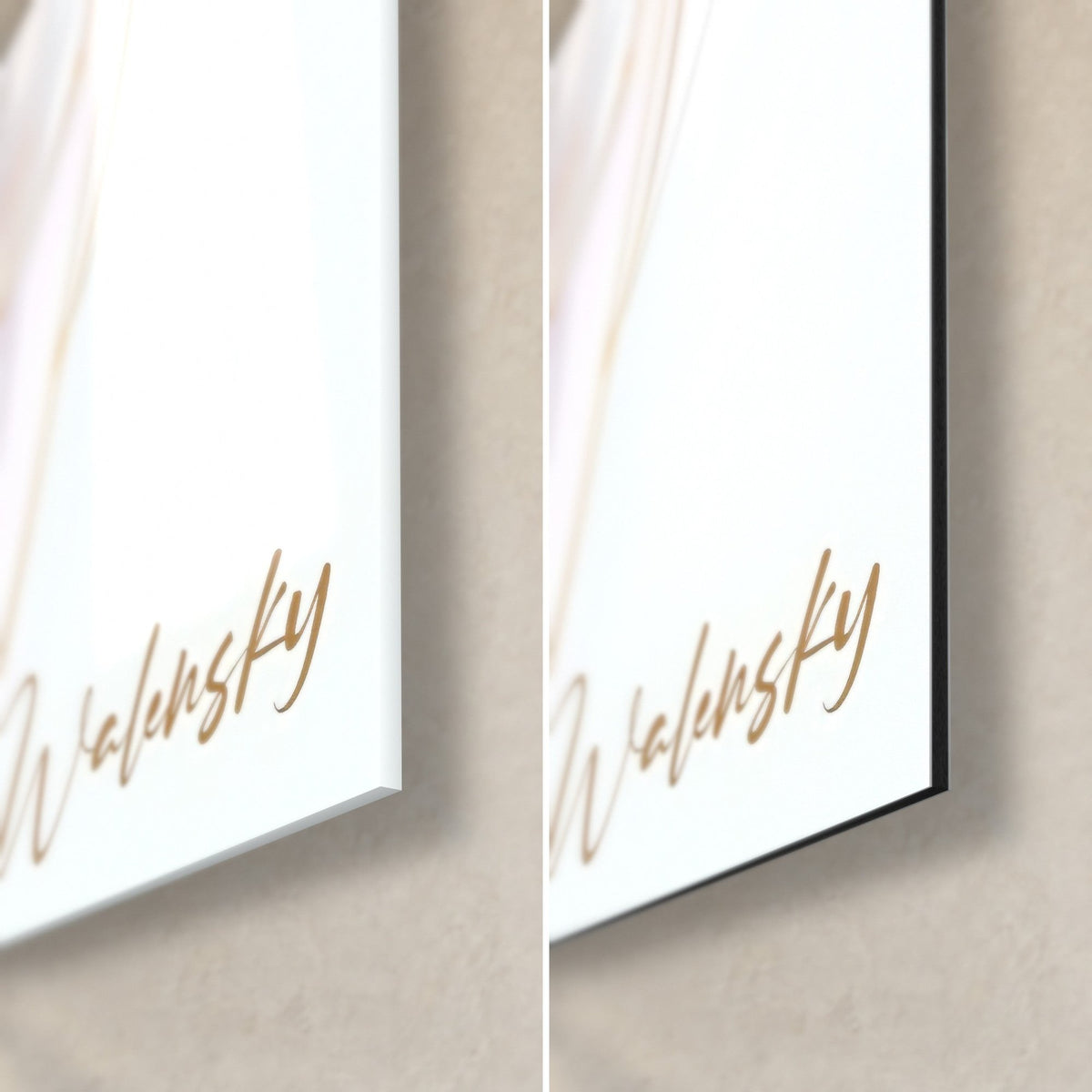 Wall art white cat with fine golden veins, bottom right corner in glossy glass and matte black Dibond aluminium, 3 mm edge