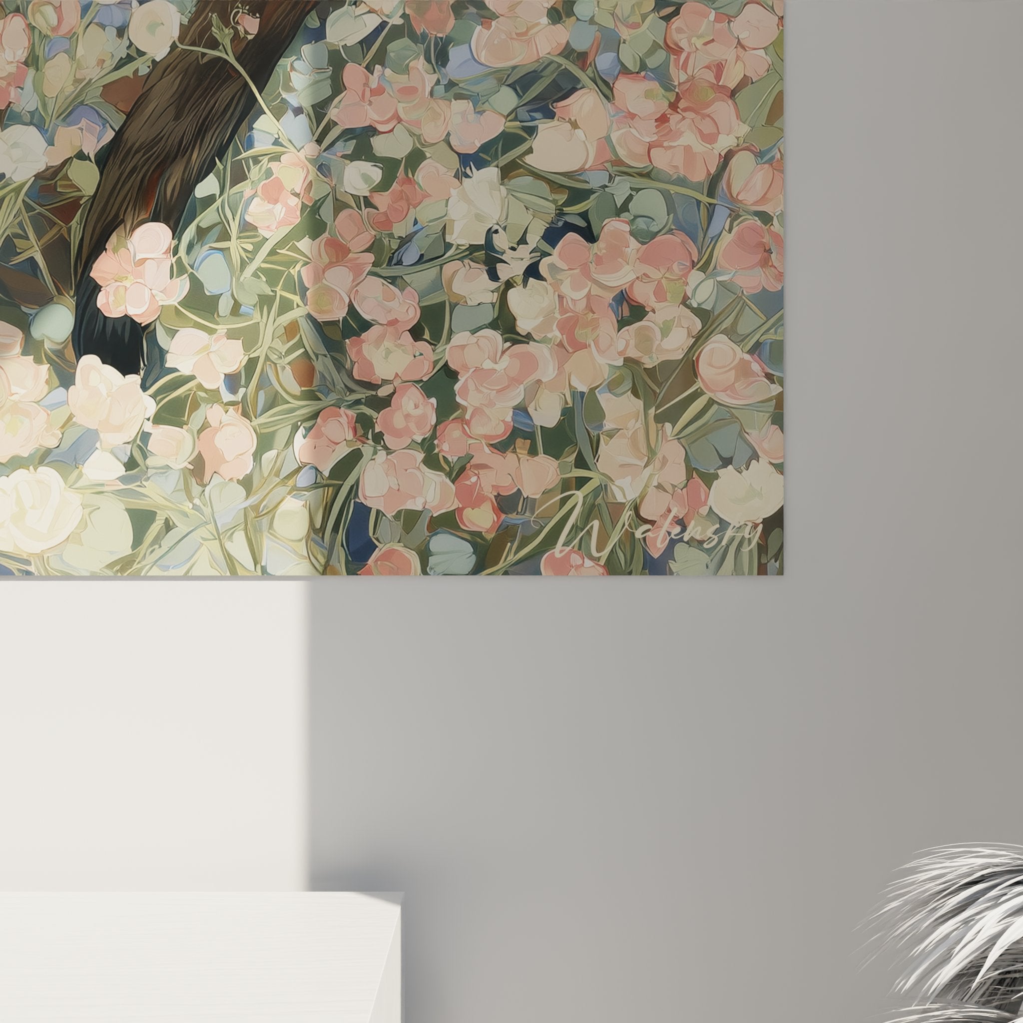 Vista generale quadro murale gatto siamese giardino fiorito stile artistico contemporaneo