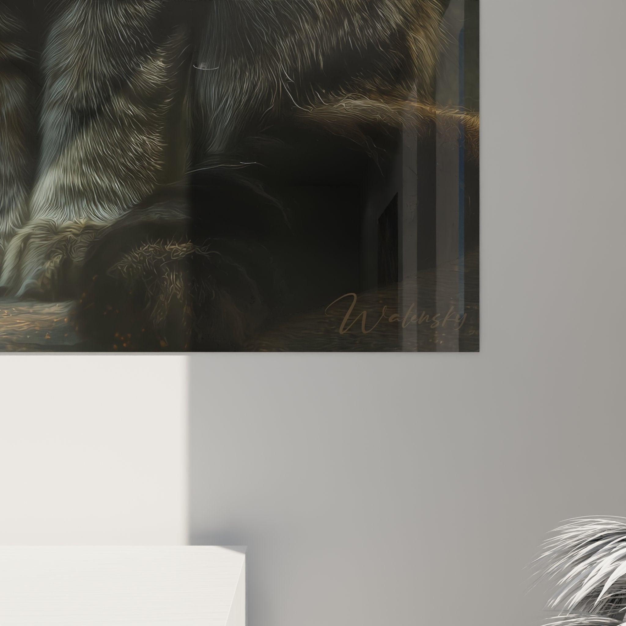 Perspective view American Bobtail cat wall art portrait artistic painting in modern interior