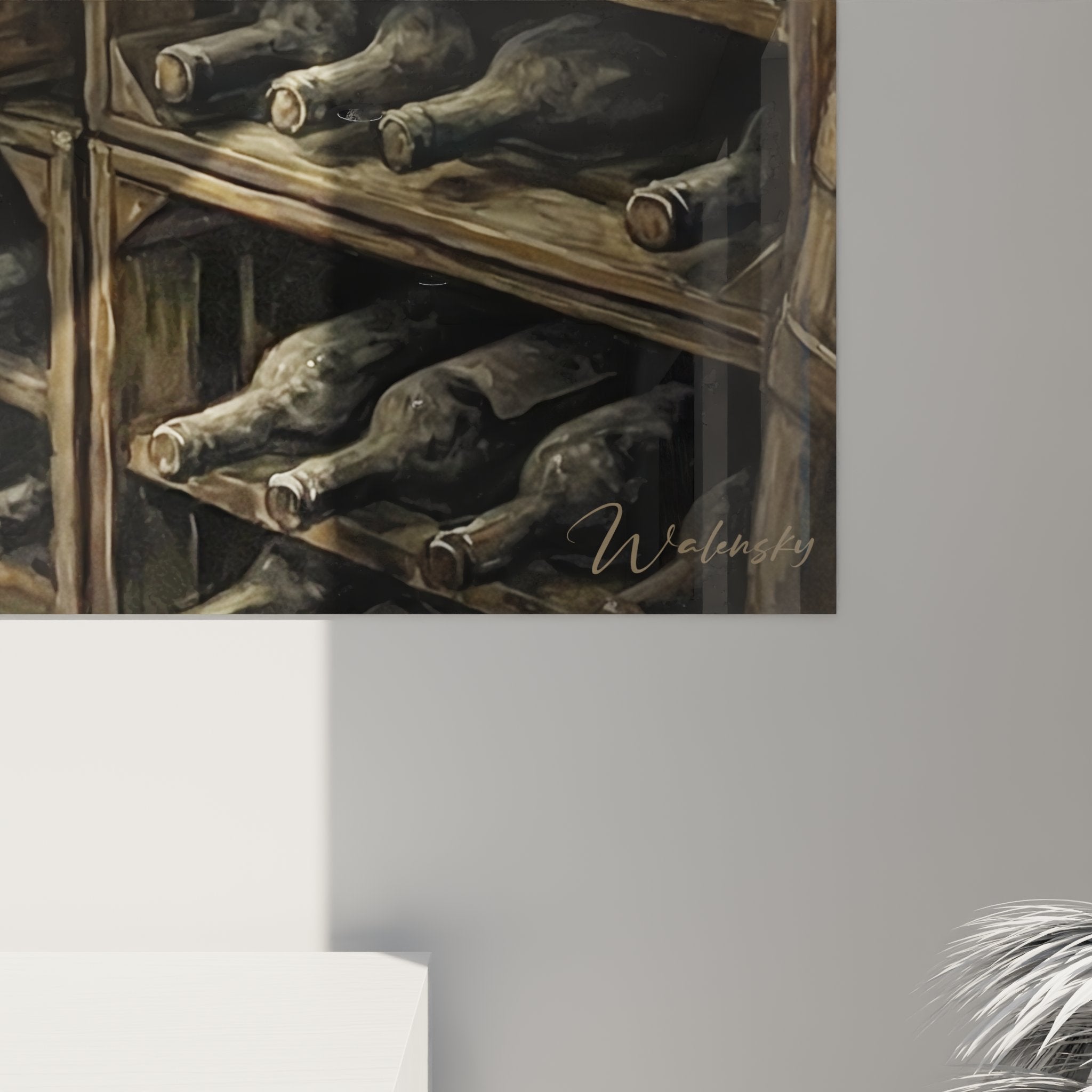 Vue ensemble tableau chat Chartreux gardien cave vin voutes pierre bouteilles anciennes art felin premium