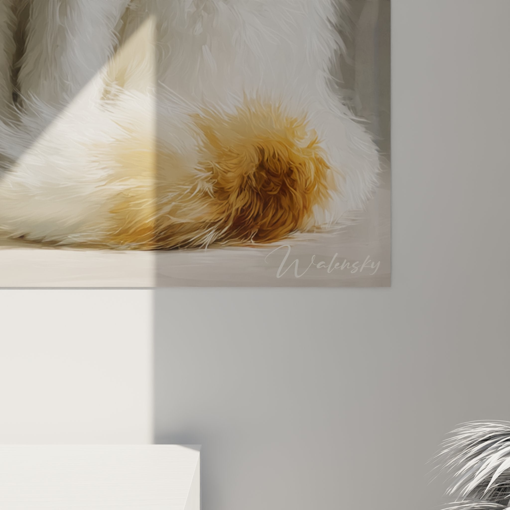 Vue d'ensemble tableau chat Turkish Van dans intérieur moderne démontrant impact décoratif