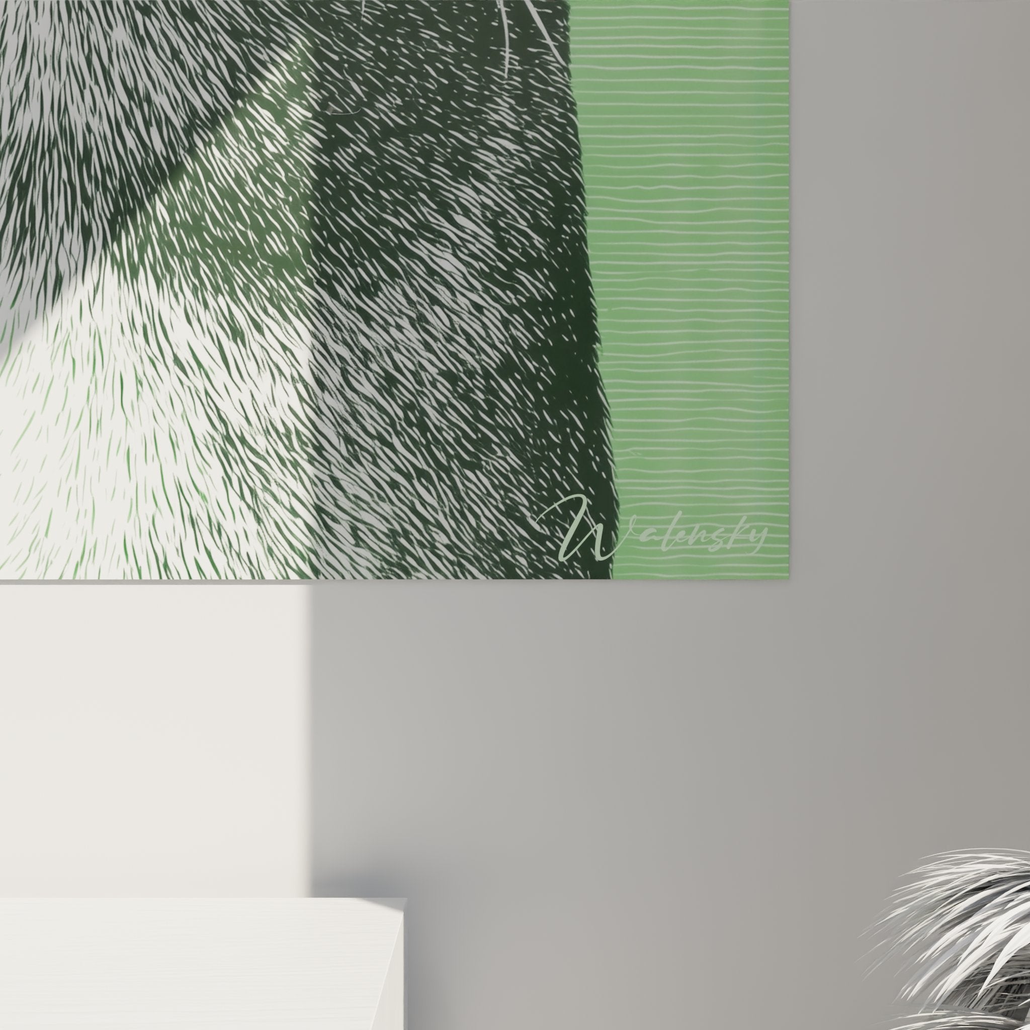 Vue perspective tableau chat Sokoke portrait gravure fond vert menthe décoration murale moderne féline