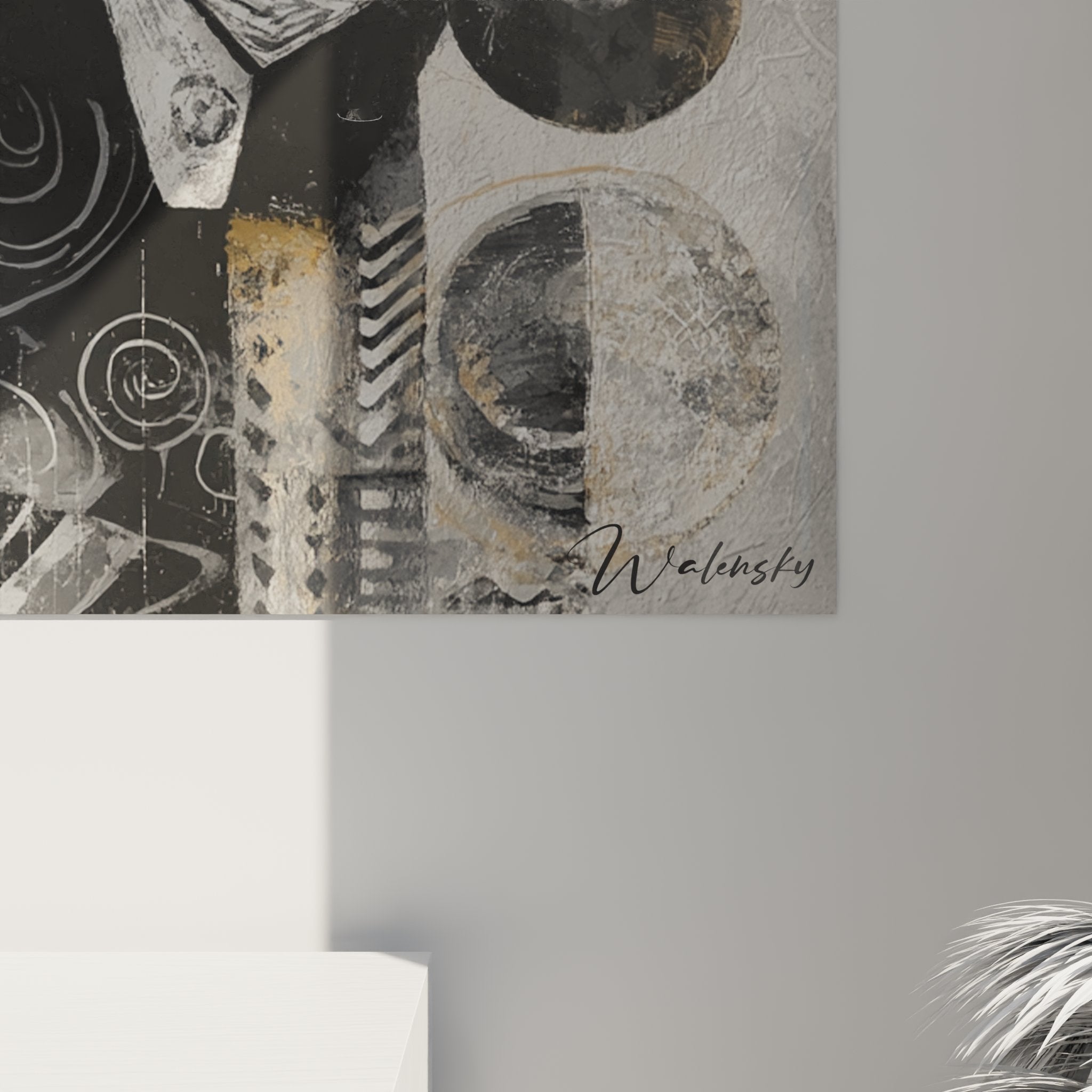 Overview of tribal fusion ancestral art canvas, stylized African masks with decorative sun rays