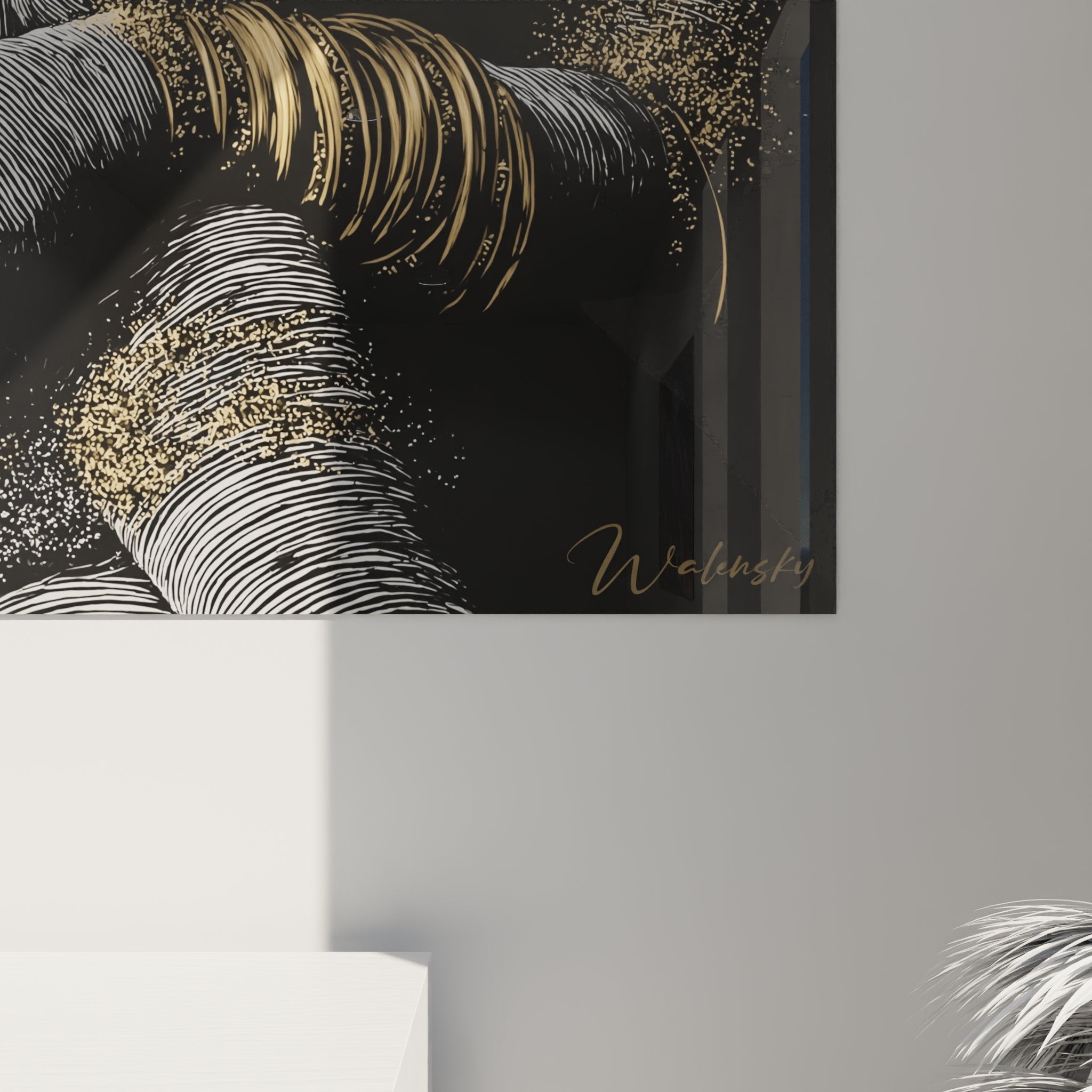 Vista d'insieme del quadro mani intrecciate abbraccio dorato, opera d'arte contemporanea su tela