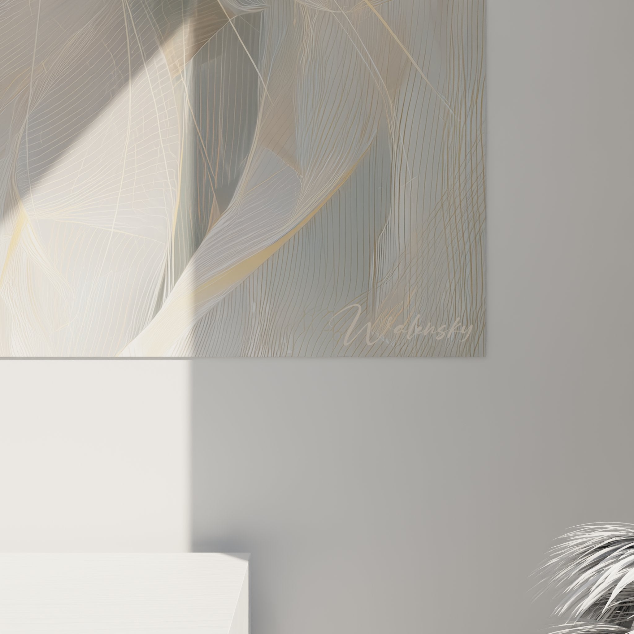 Übersichtsansicht des Gemäldes weißer Turkish Angora Katze in einem schicken zeitgenössischen Interieur