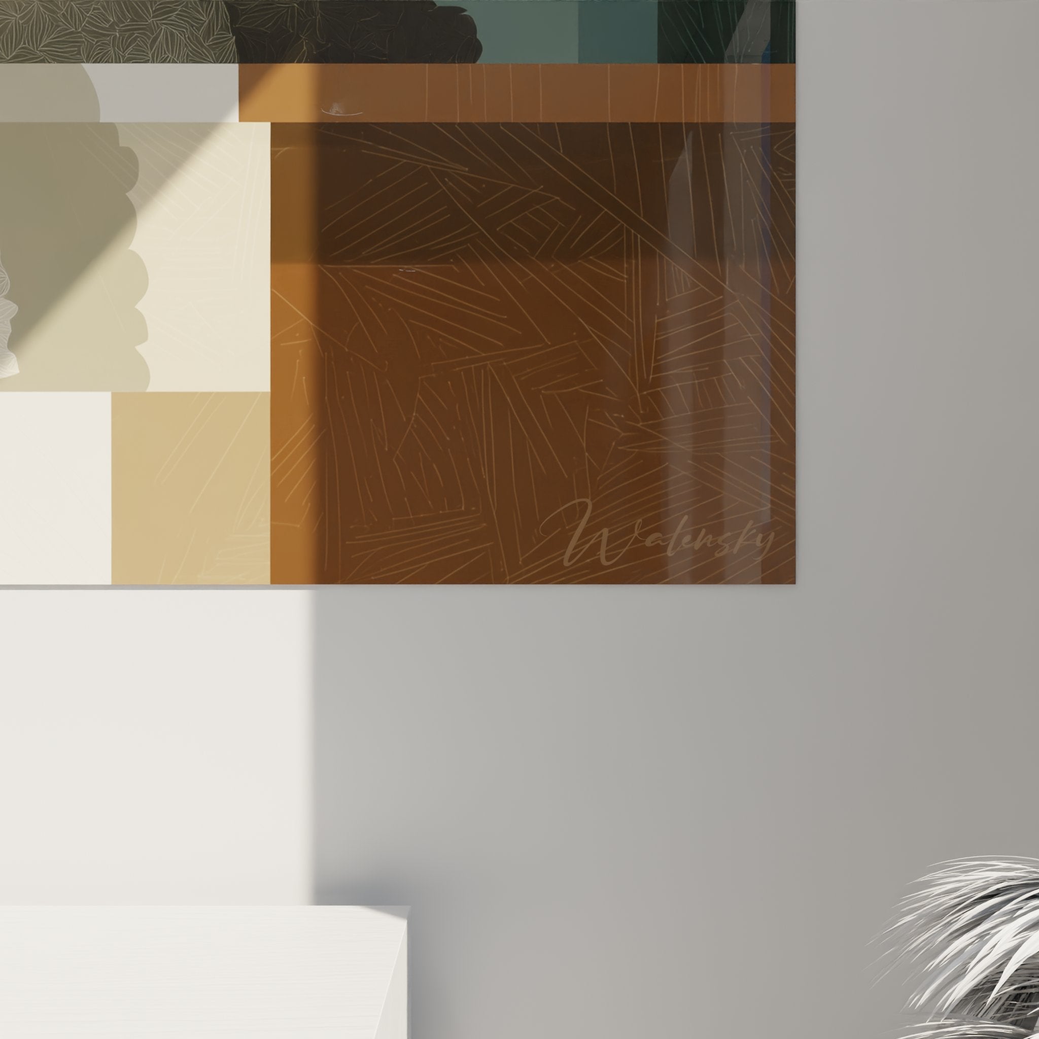 Gesamtansicht des Selkirk-Rex-Katzengemäldes im modernen Wohnzimmer, Wandkunst in harmonischen Grau- und Beigetönen