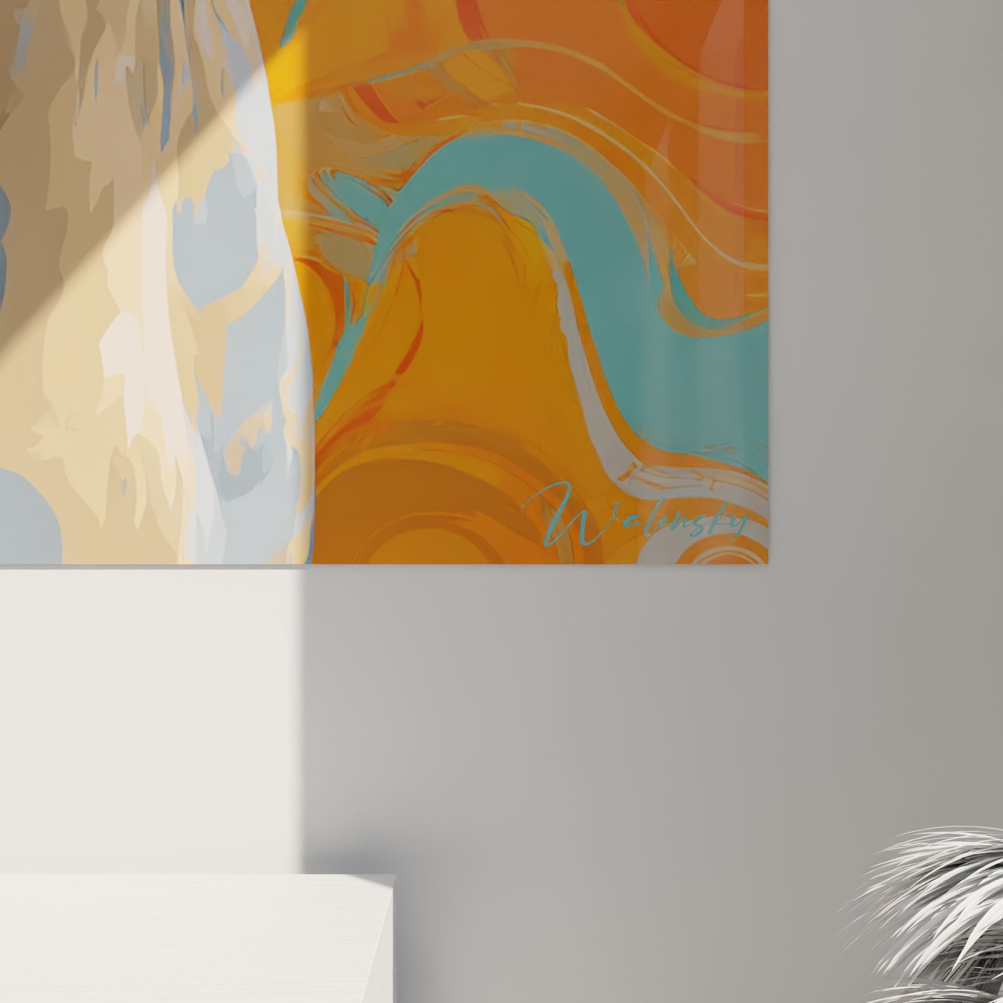 Vue d'ensemble du tableau mural chat Sphynx dans un intérieur contemporain mettant en valeur l'art félin