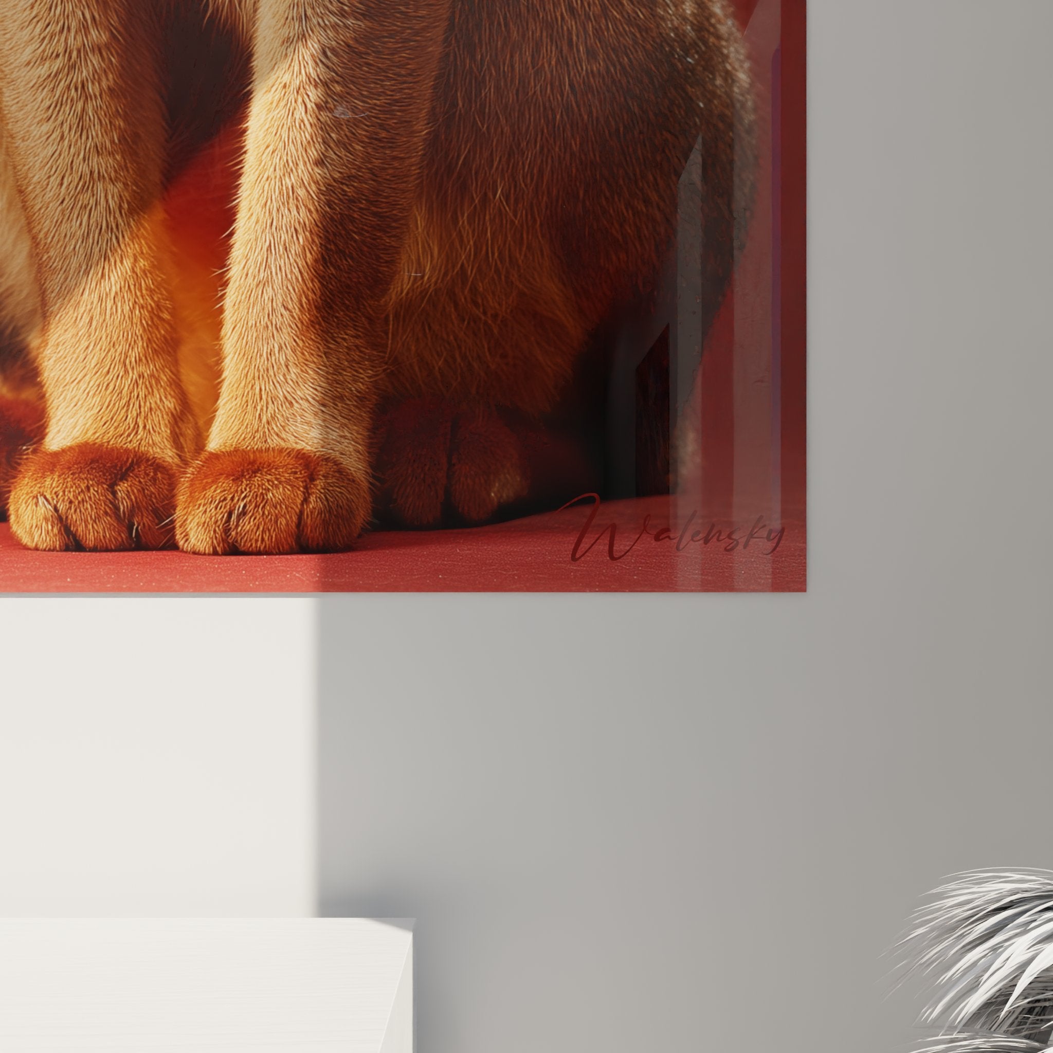 Panoramica del quadro murale gatto Abissino in un interno contemporaneo, effetto decorativo sorprendente