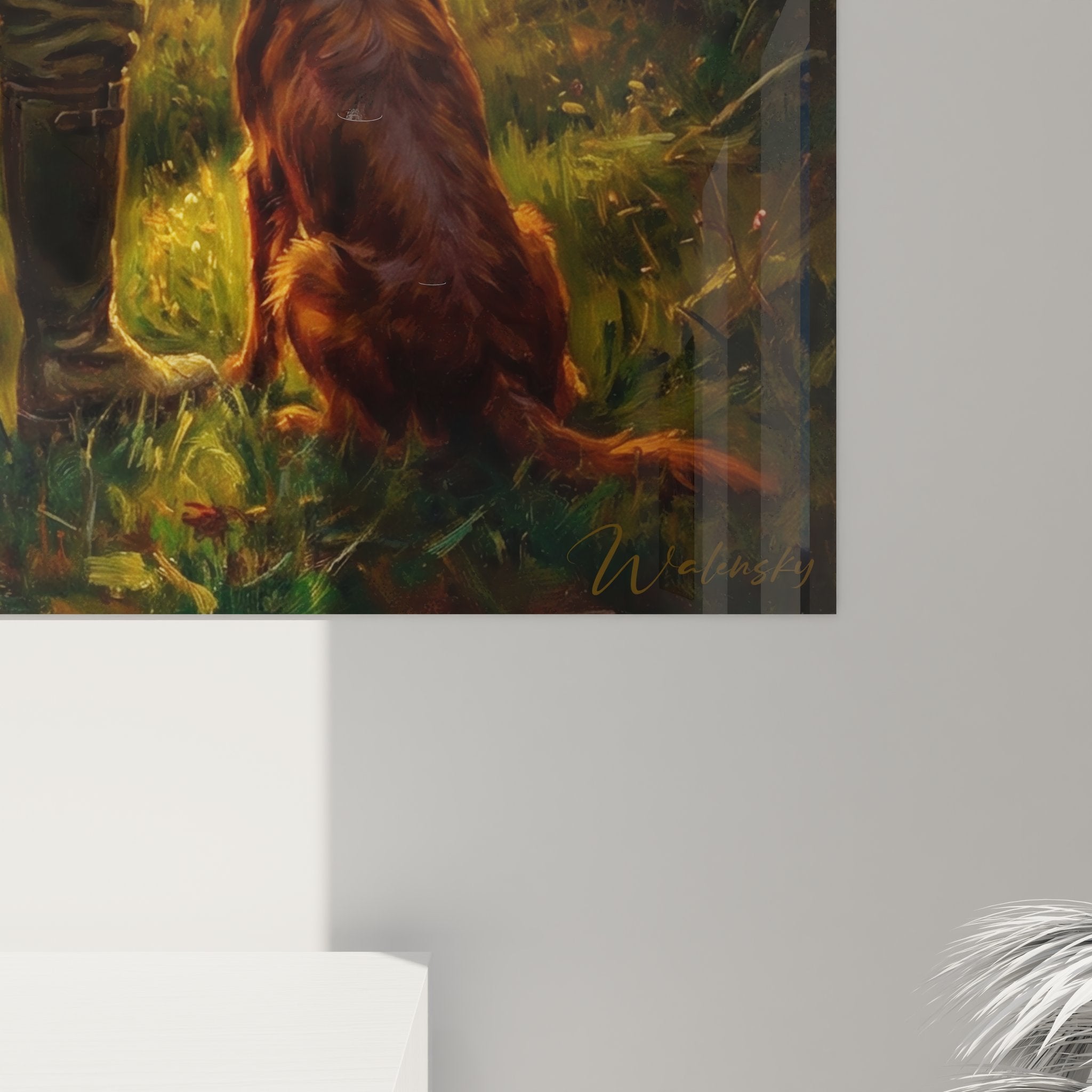 Vue d'ensemble tableau art chasse représentant chasseur chien forêt lumière dorée automnale