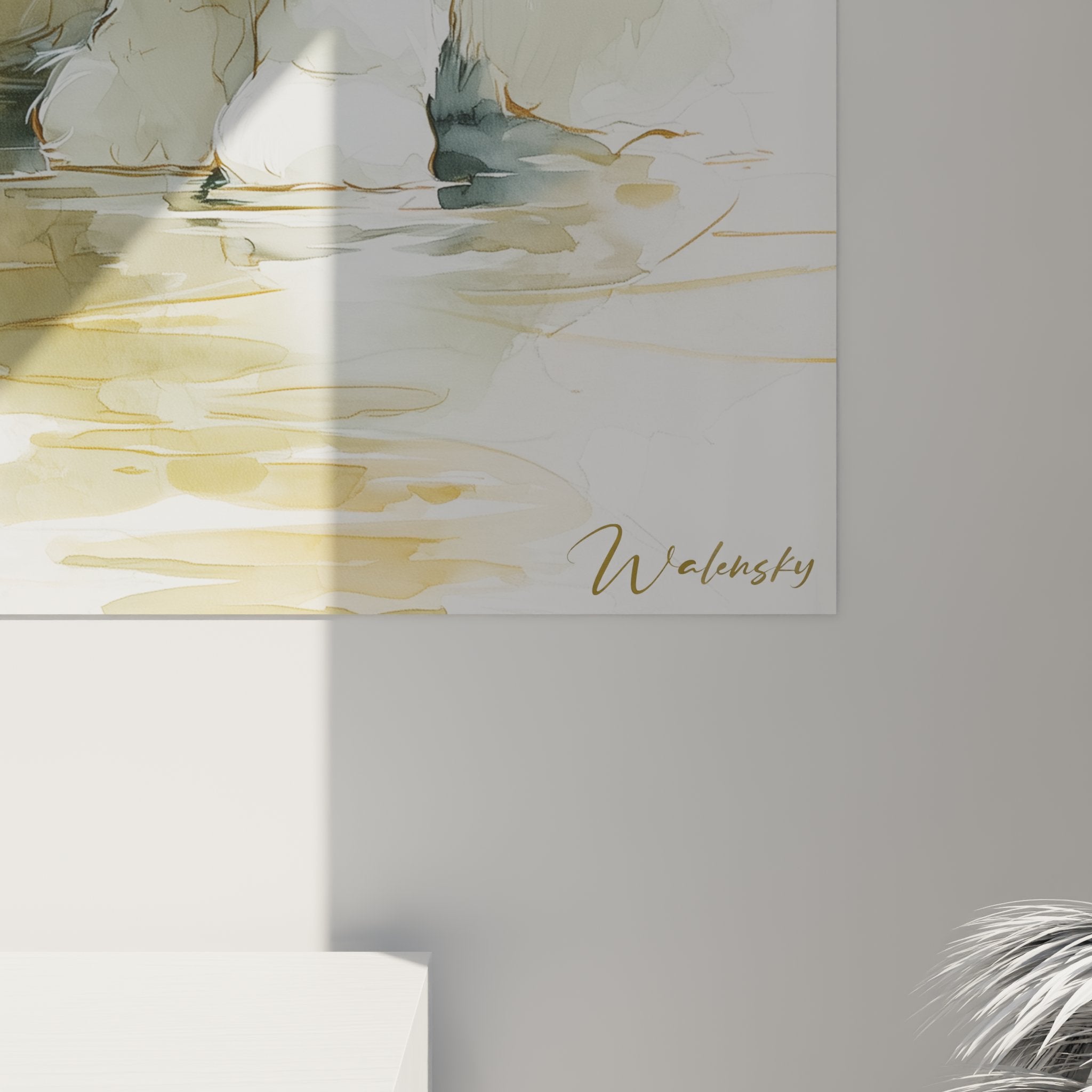 Vue ensemble tableau chat Turkish Van aquarelle decoration interieur art mural felin blanc dore