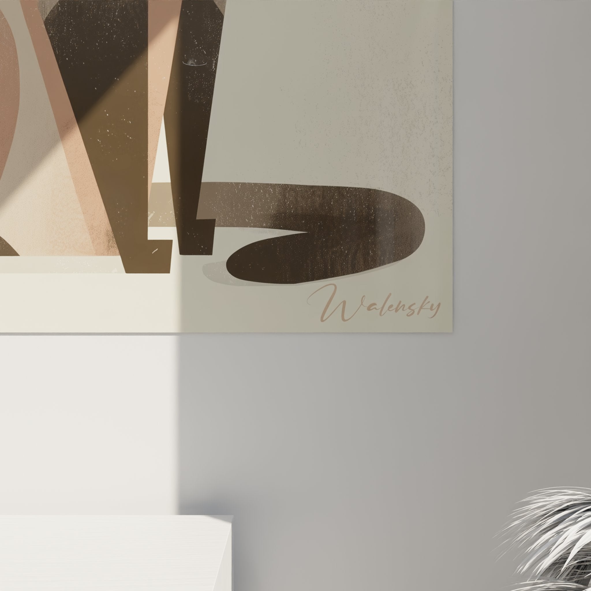 Vista d'insieme quadro murale gatto siamese moderno, arte geometrica decorativa toni tenui e armoniosi