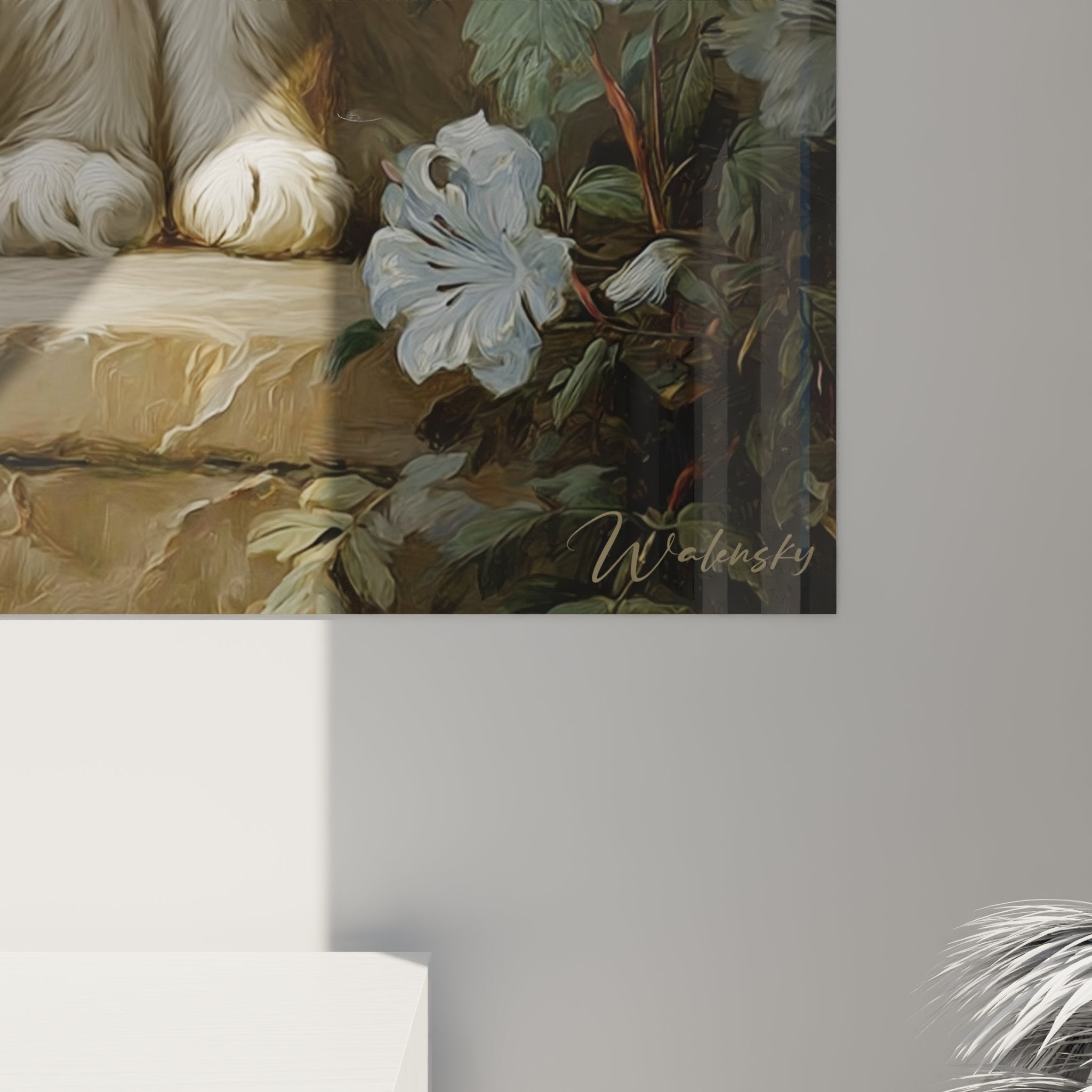 Overview of Birman cat artwork blooming garden in modern living room with artistic wall decoration