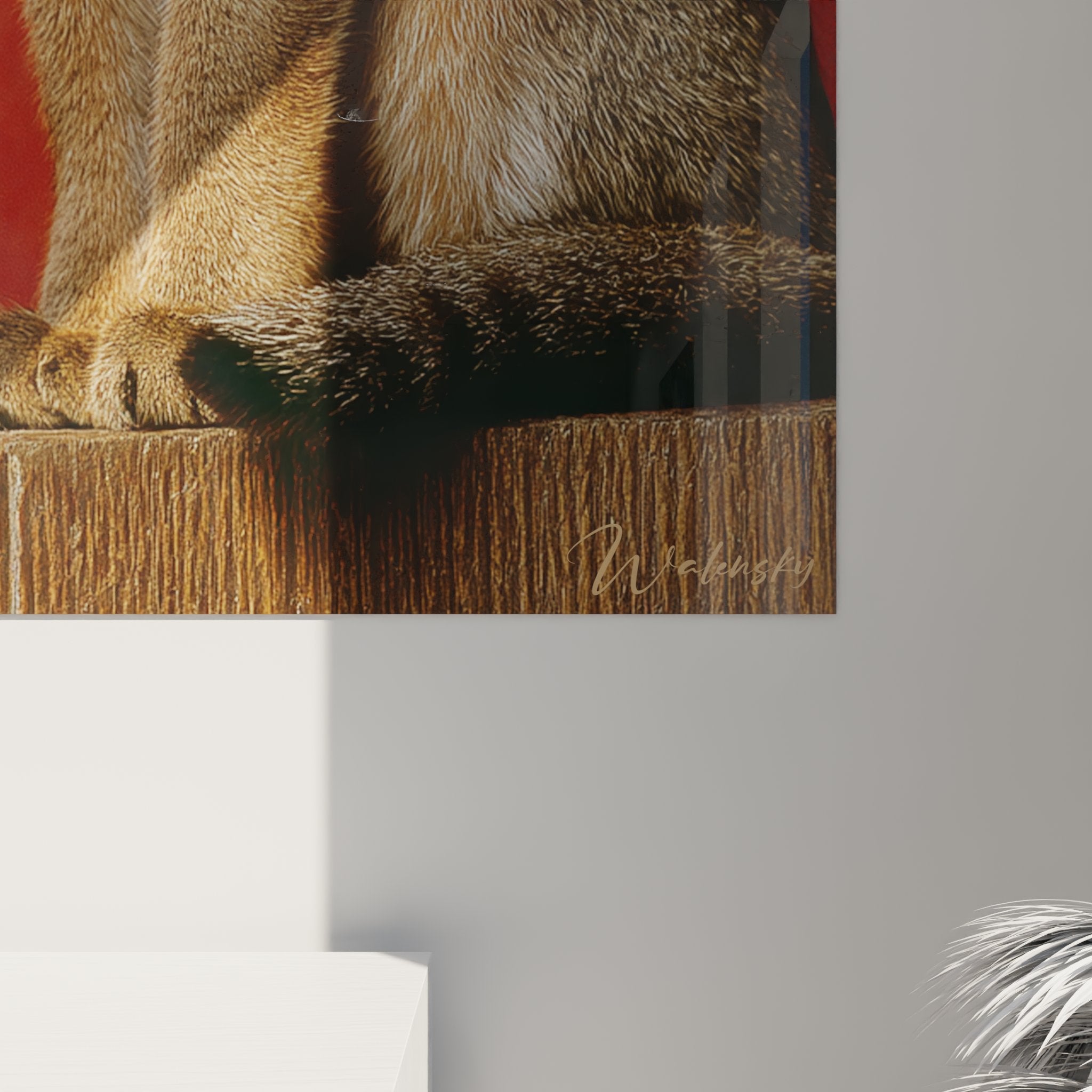 Vue d'ensemble tableau portrait chat Sokoke fond rouge, œuvre art animalier décoration intérieure