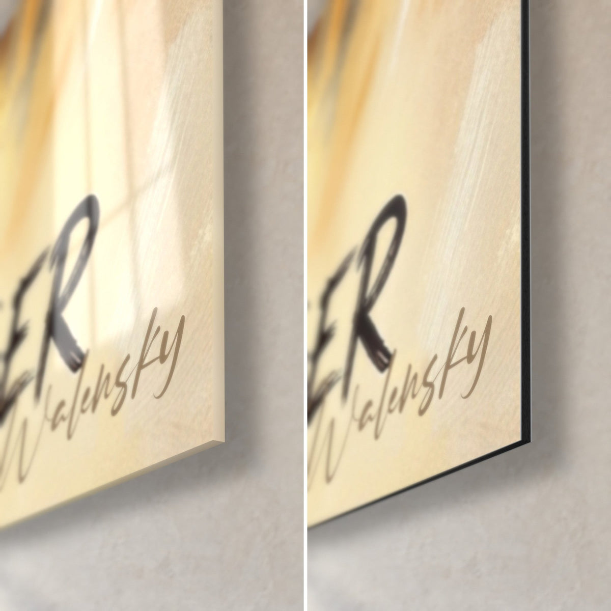Gemälde Karateka und Tiger, untere rechte Ecke in glänzendem Acrylglas links, mattschwarzes Walensky Dibond-Aluminium rechts, Signatur Walensky