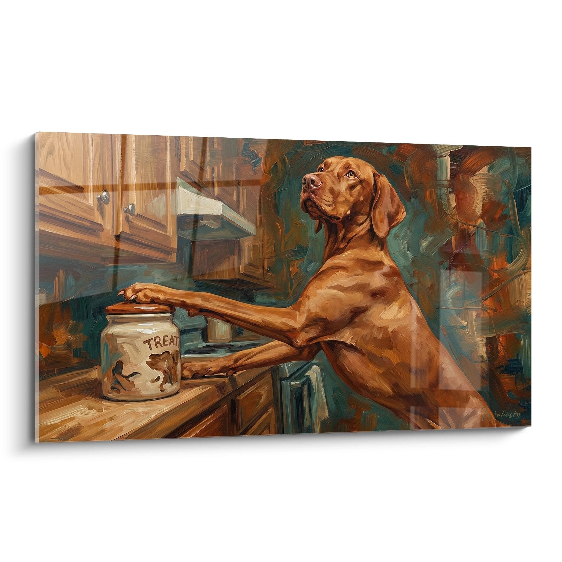 Tableau Vizsla roux dresse pattes cuisine bocal friandises peinture impressionniste chaleureuse