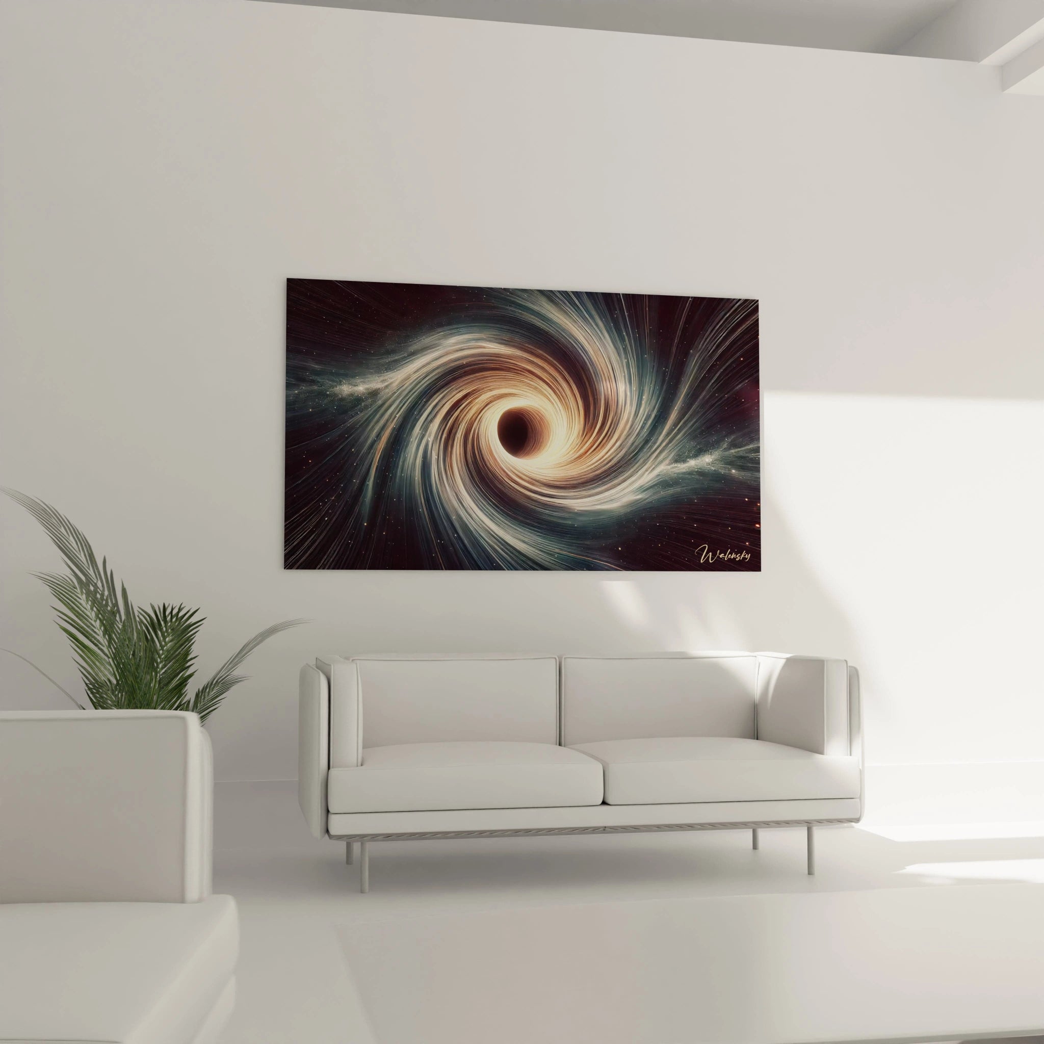 Au cœur d’un salon élégant : ce tableau espace, placé au-dessus d’un canapé, devient un point focal hypnotique. L’énergie tourbillonnante en noir, bleu et or évoque les mystères galactiques.