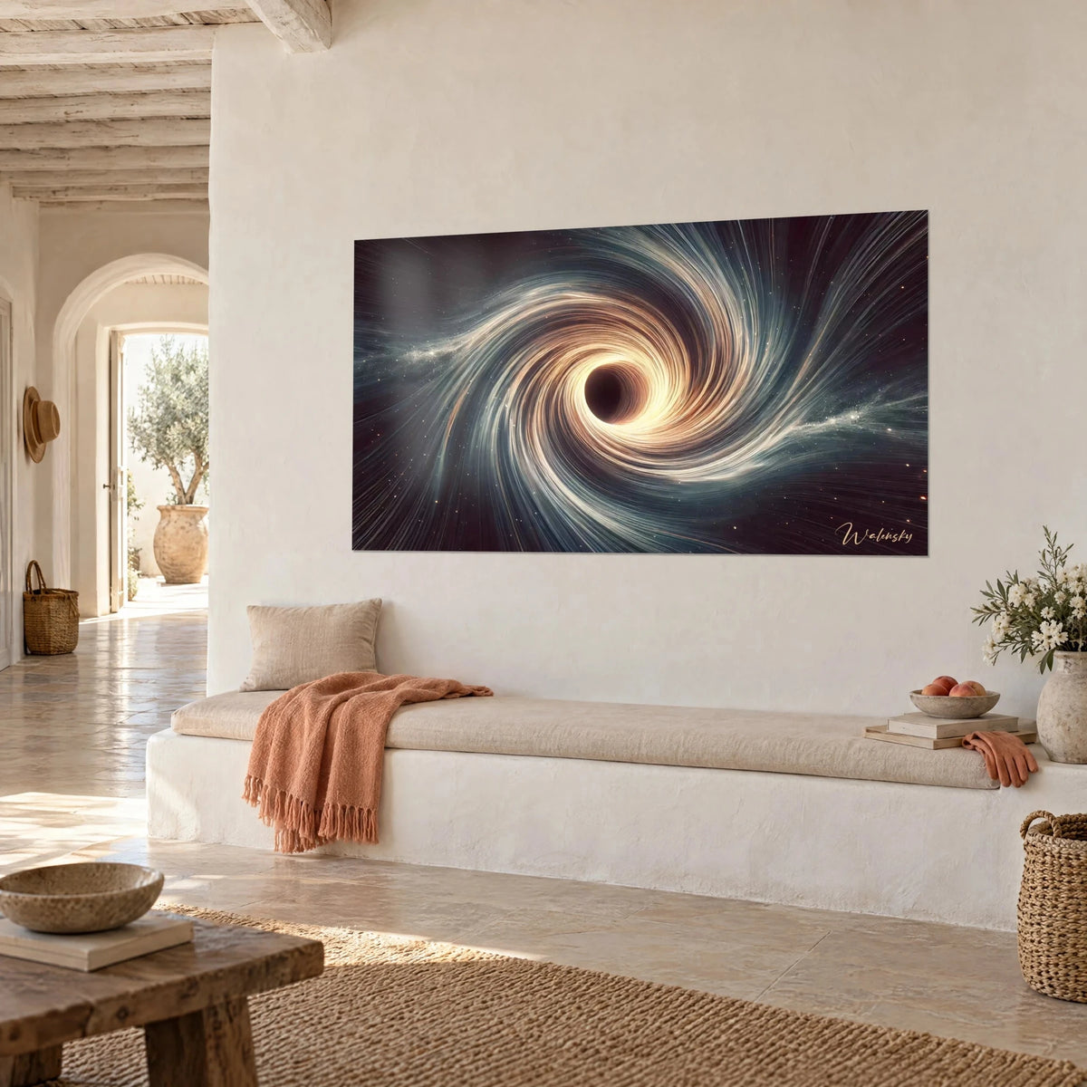 Wall art cosmic vortex with cream and steel filaments swirling around a dark core, whitewashed wall, white bench seat