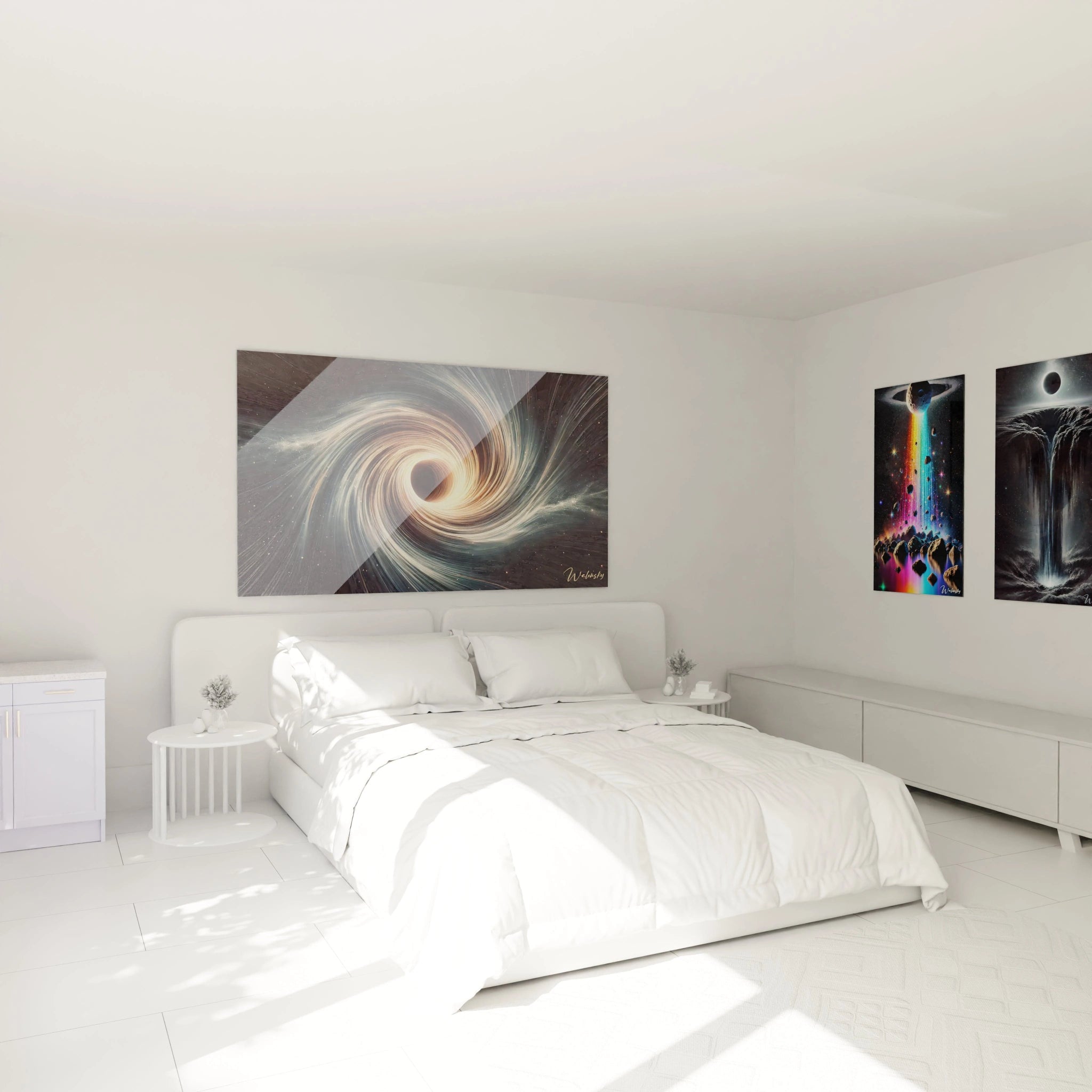 Dans une chambre moderne : ce tableau espace au-dessus du lit crée une atmosphère mystique avec ses spirales lumineuses et son centre énigmatique. Les nuances or et bleu apportent élégance et apaisement.