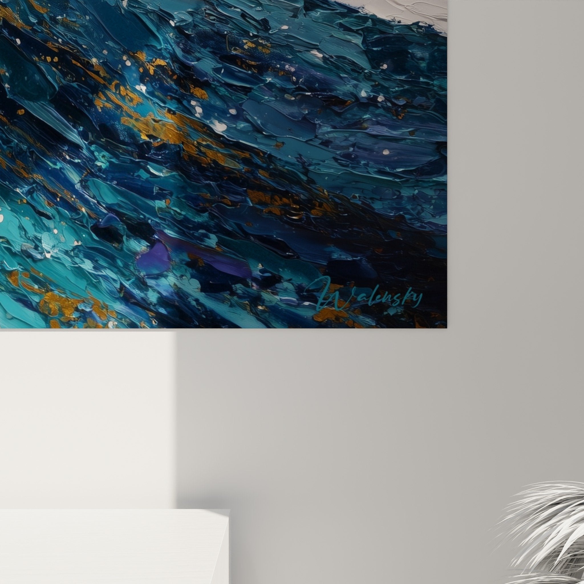 Angled view wave spiral artwork blue gold feng shui north water whirlpool aquatic relief sculpture