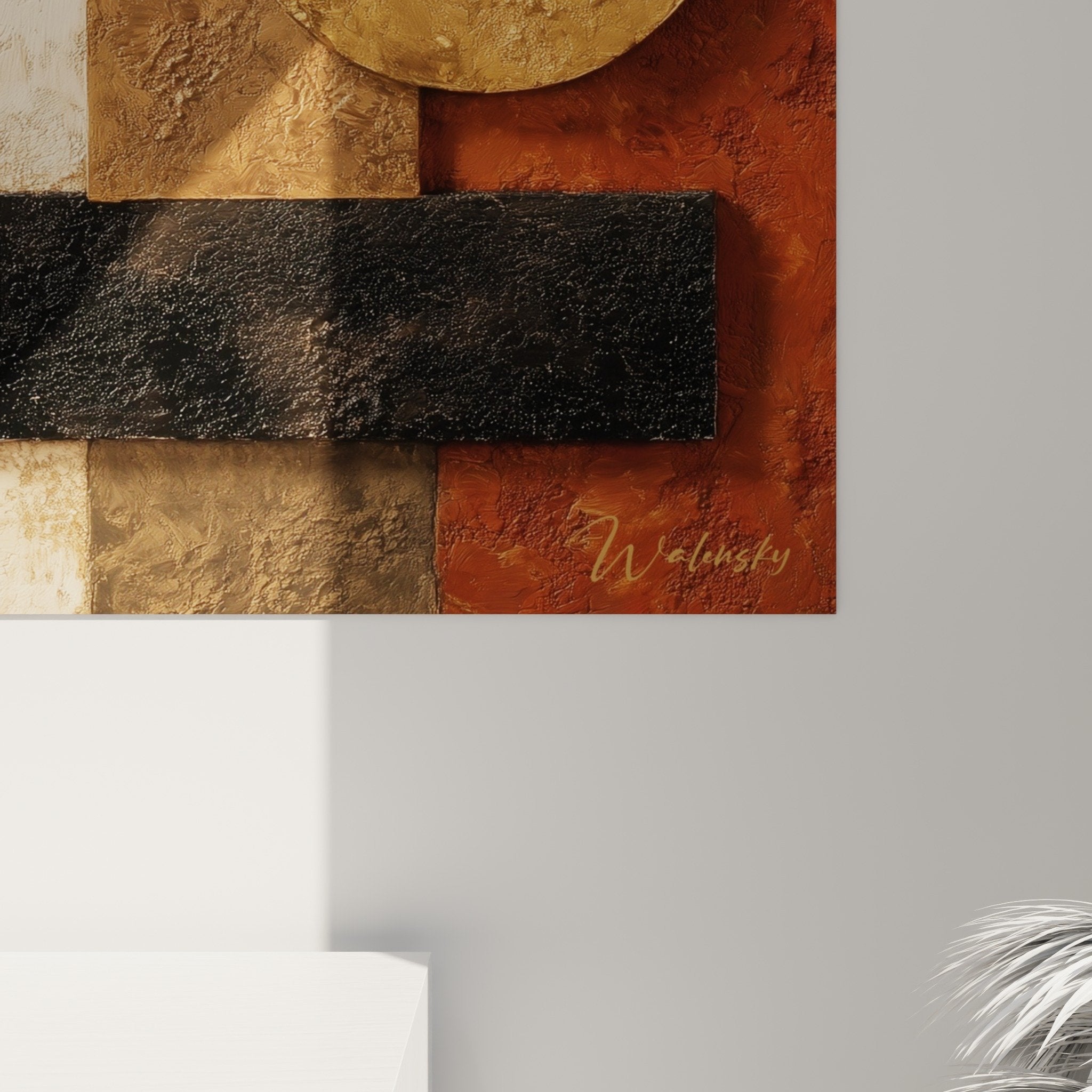 Vue angle tableau abstrait formes geometriques tons terreux decoration feng shui nord est terre
