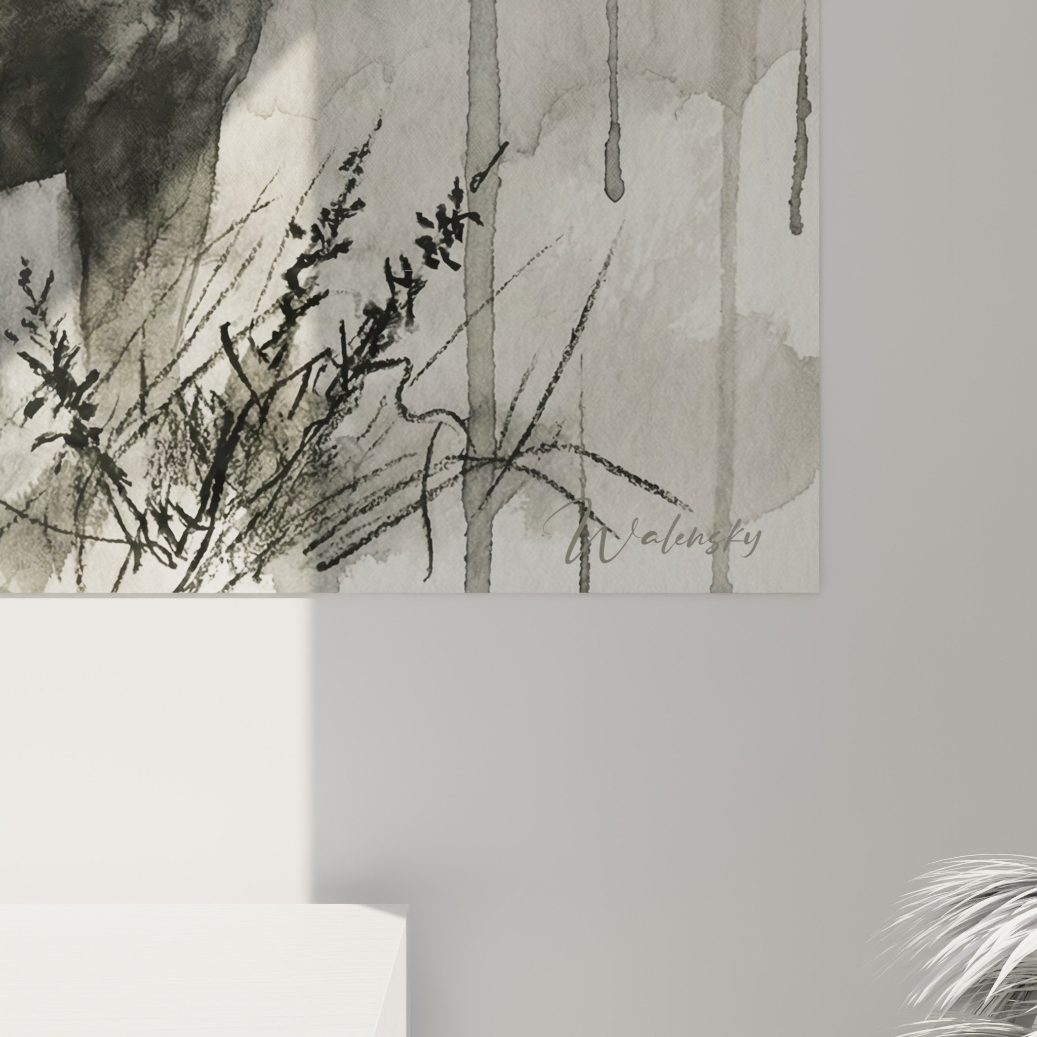 Vue ensemble aquarelle Bullmastiff sous averse tons gris vegetation silhouettes noires art mural canin