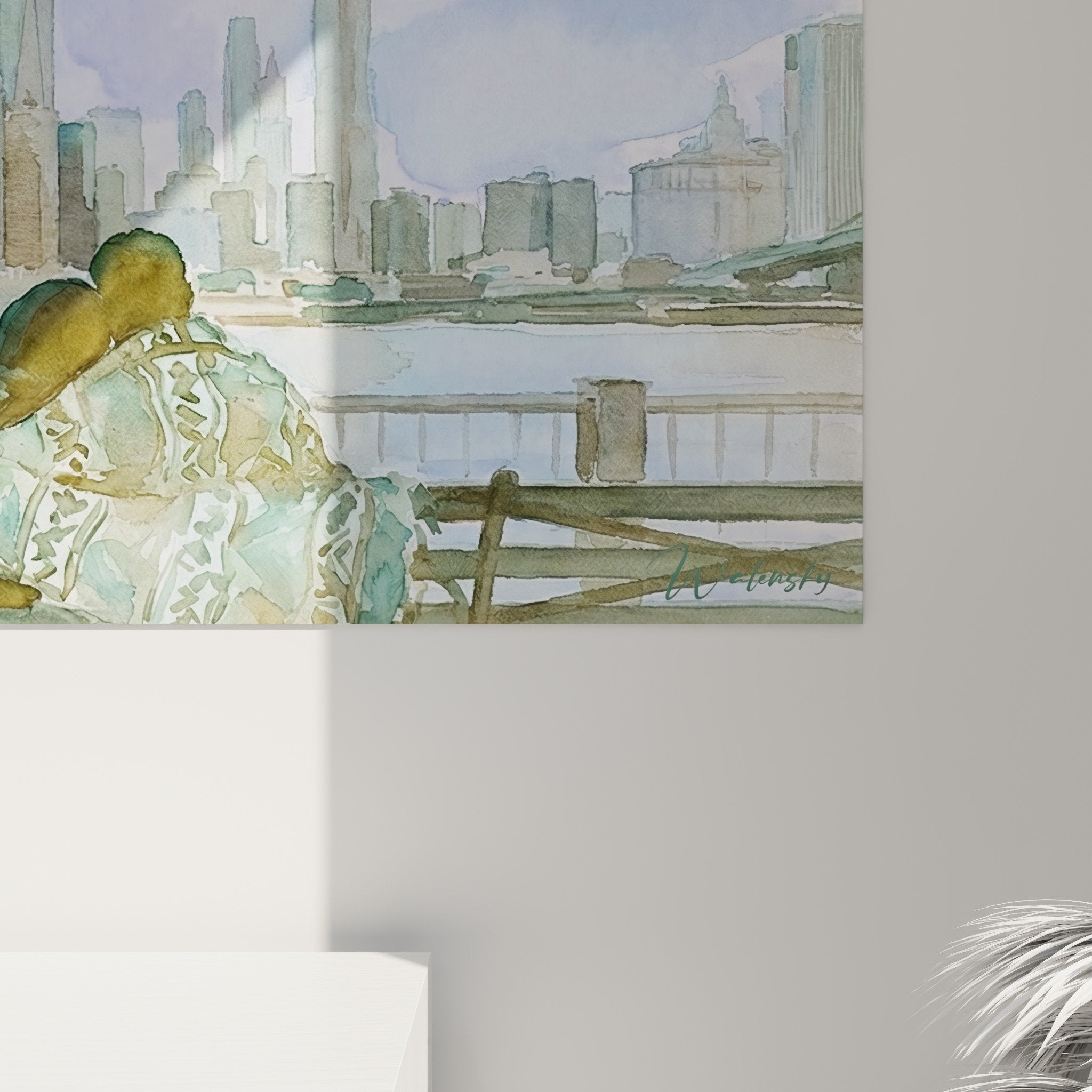 Vue ensemble aquarelle panorama Manhattan Brooklyn couple banc reflets eau tons pastel