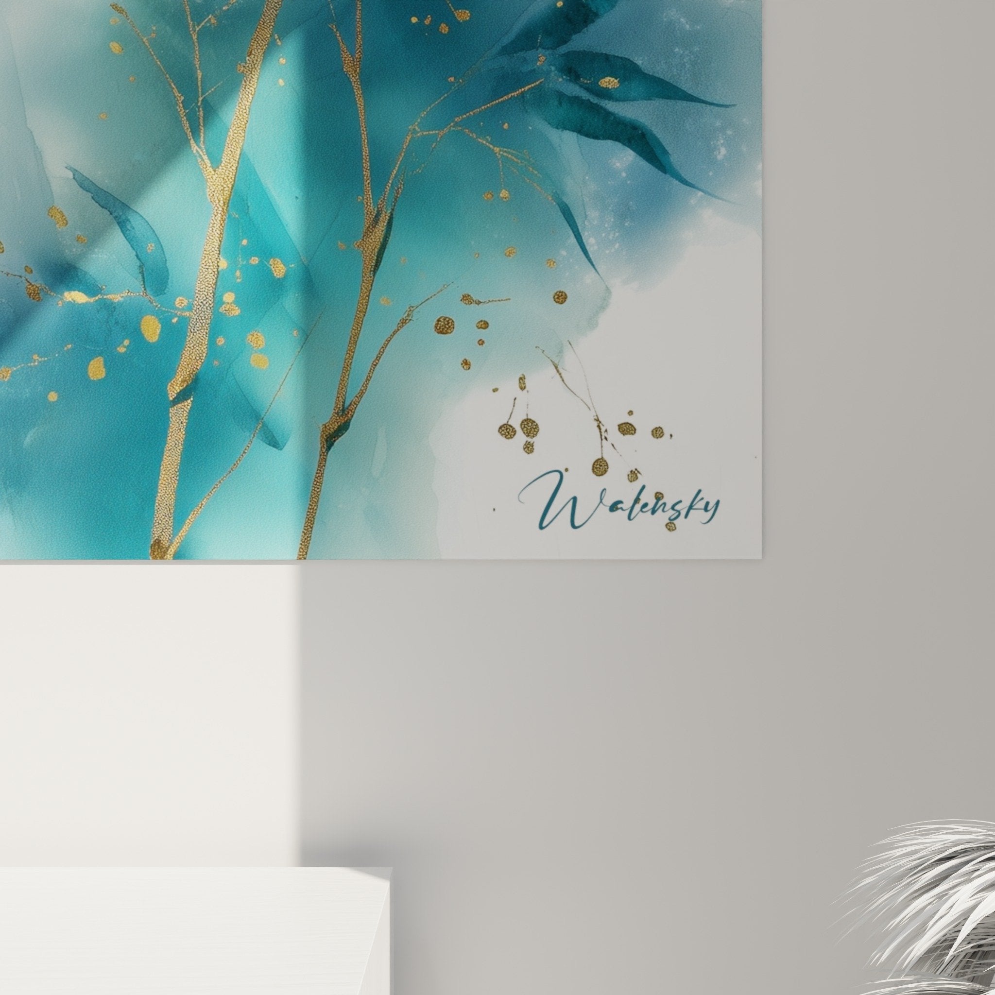 Vue ensemble aquarelle vegetale bleue turquoise decoration murale feng shui nord eau