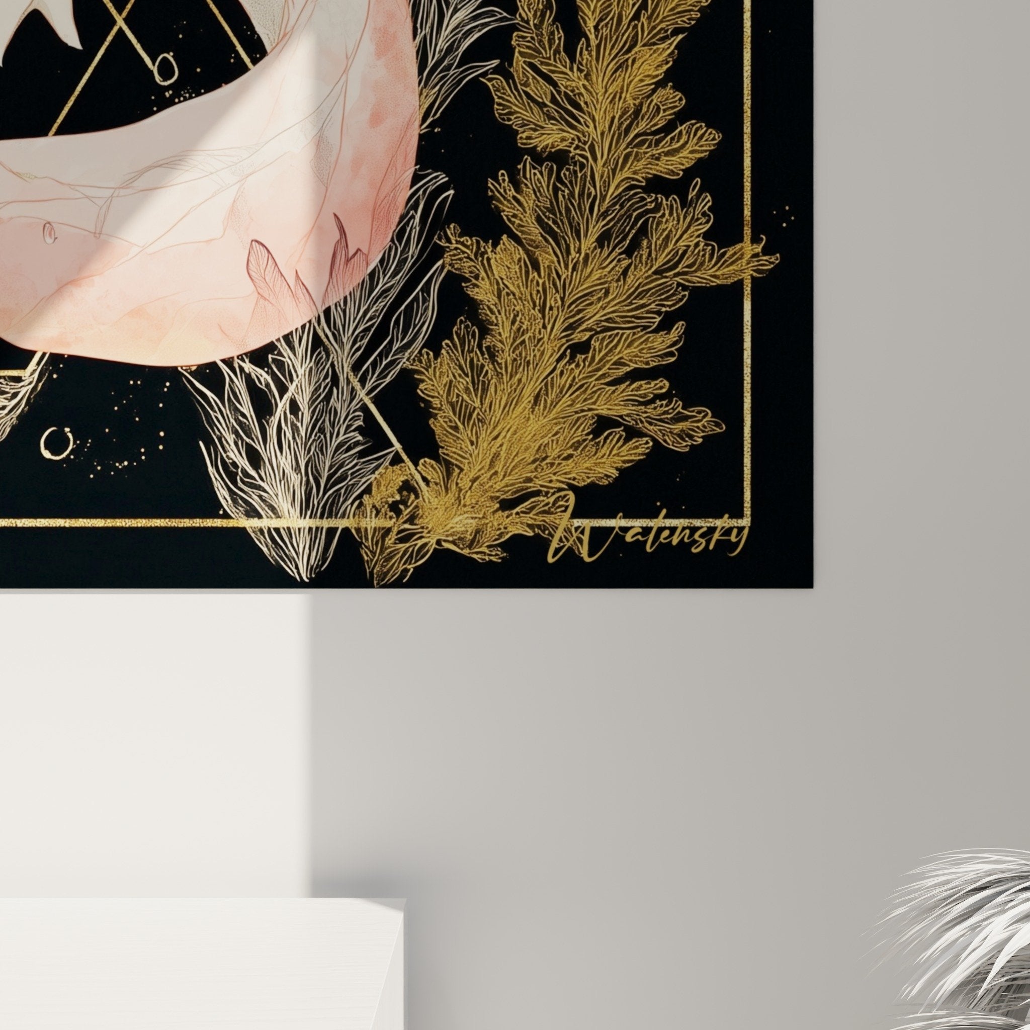 Vue ensemble tableau axolotl mystique avec encadrement dore et vegetation aquatique stylisee