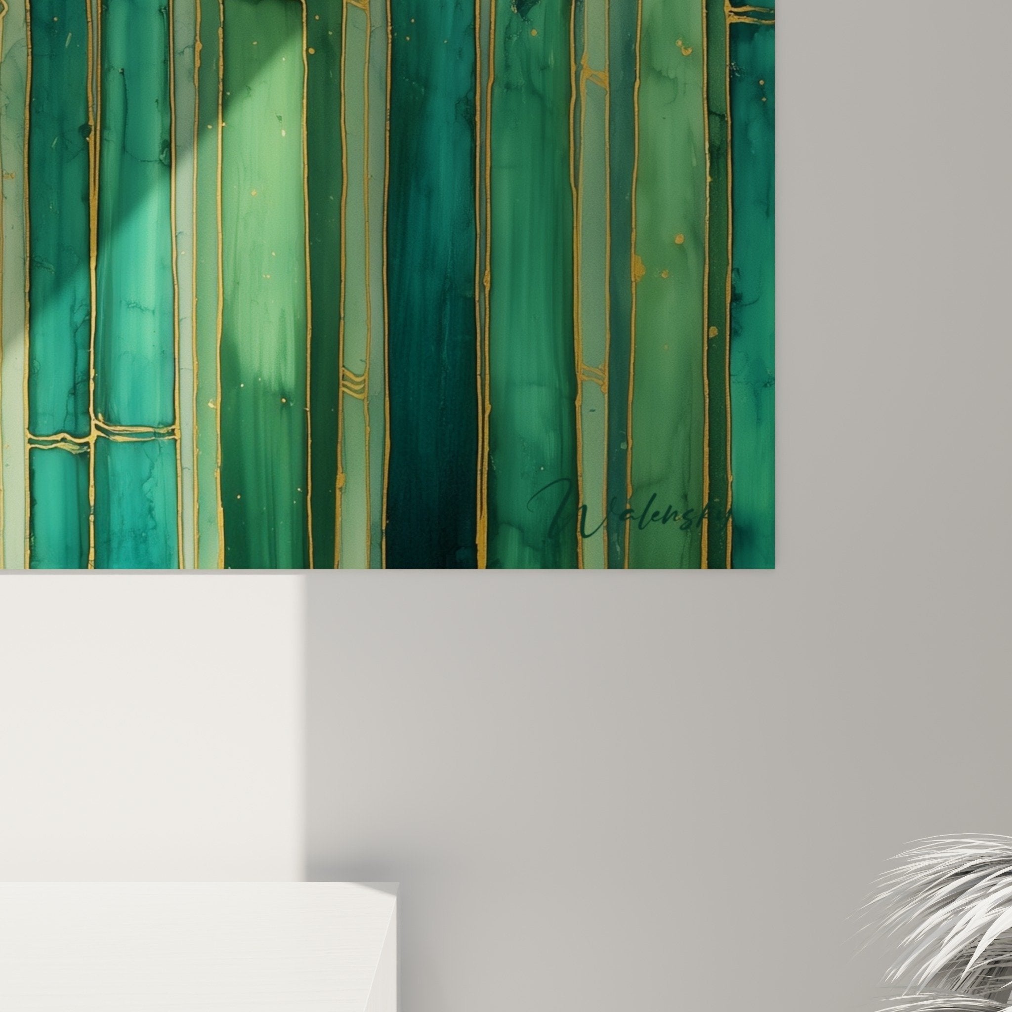 Overall view of green and gold bamboo wall art on cream background feng shui southeast wood interior decoration zen