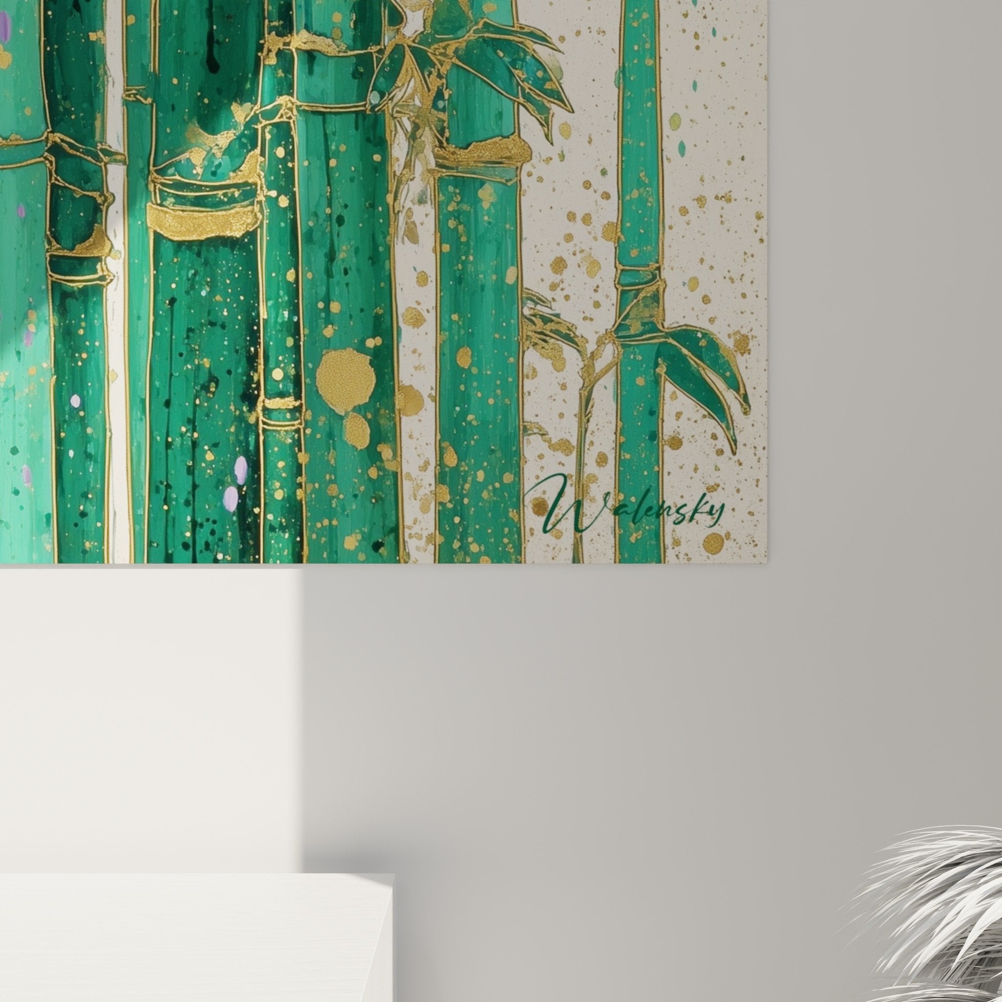 Overall view of bamboo grove green and gold feng shui southeast wood interior decoration zen artwork