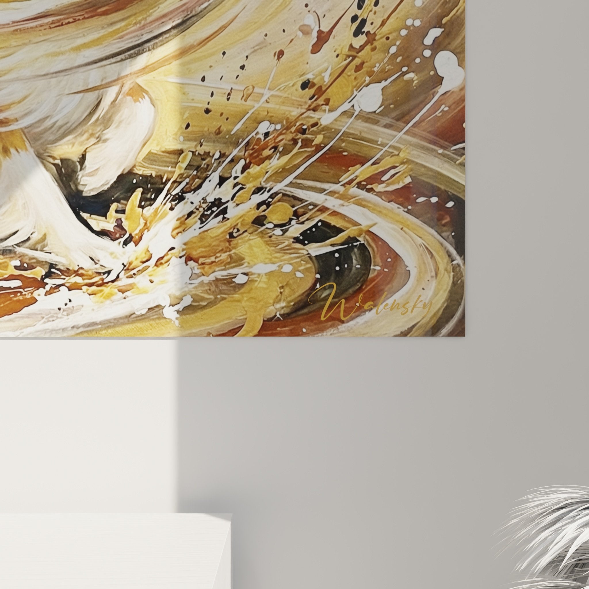 Vue ensemble tableau berger des shetland tourbillon dore exposition murale art contemporain decoration interieur