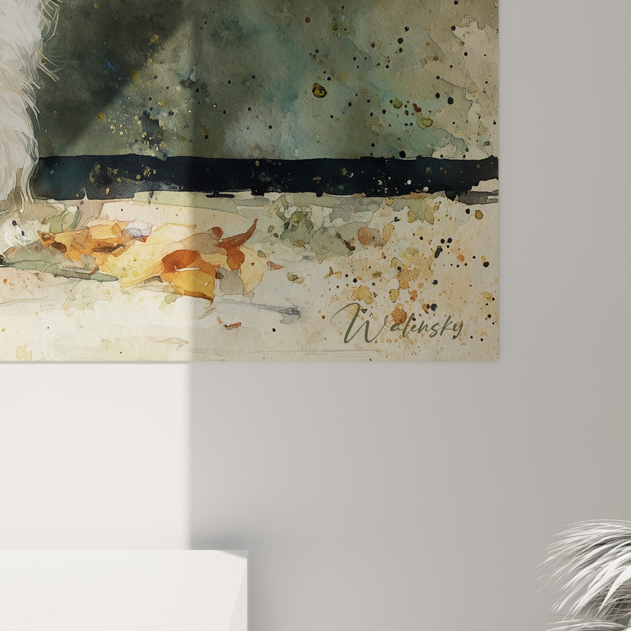 Vue ensemble tableau Bichon Havanais blanc automne composition artistique tons terres