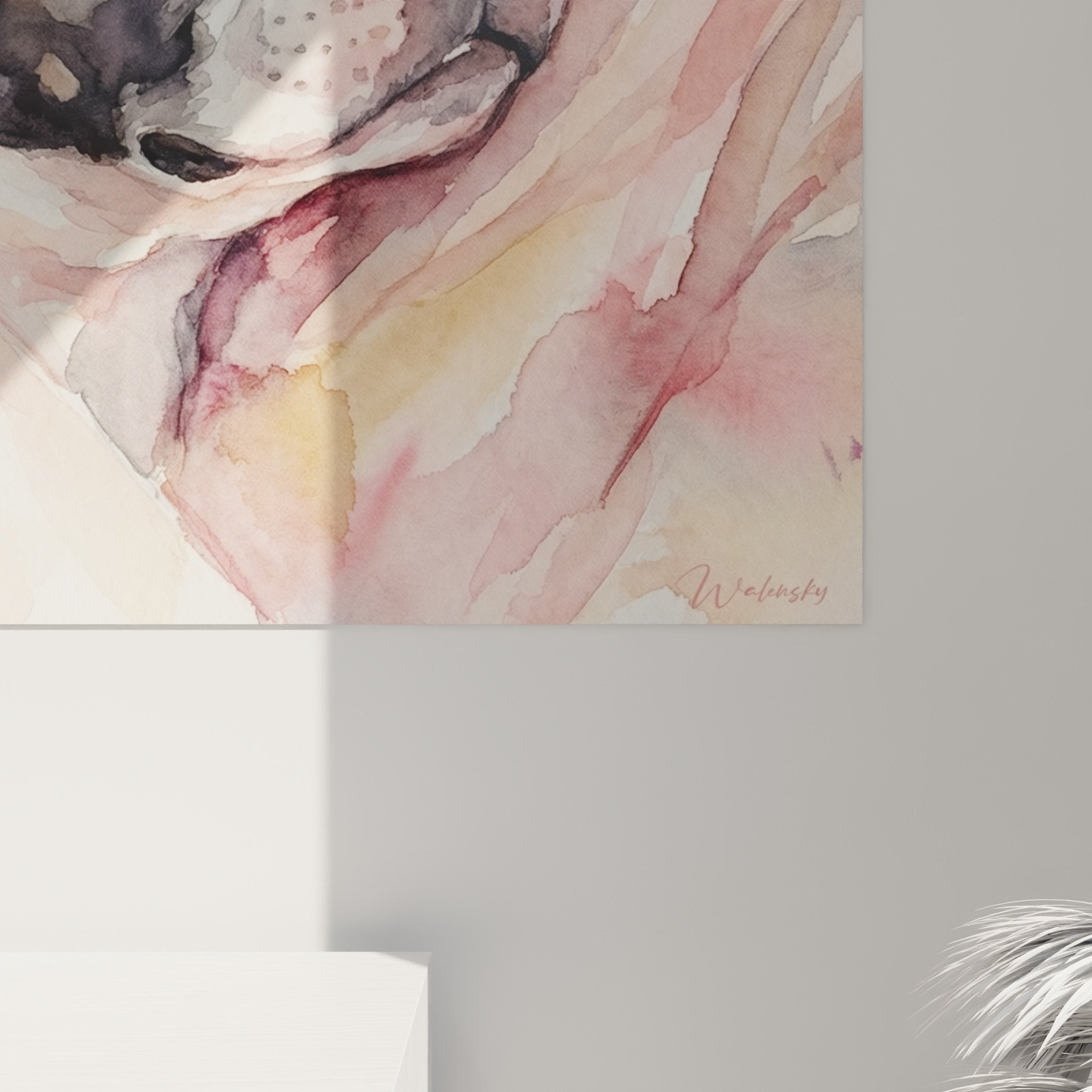 Vue d'ensemble œuvre Boston Terrier aquarelle cœur doré, composition tendre tons pêche et roses