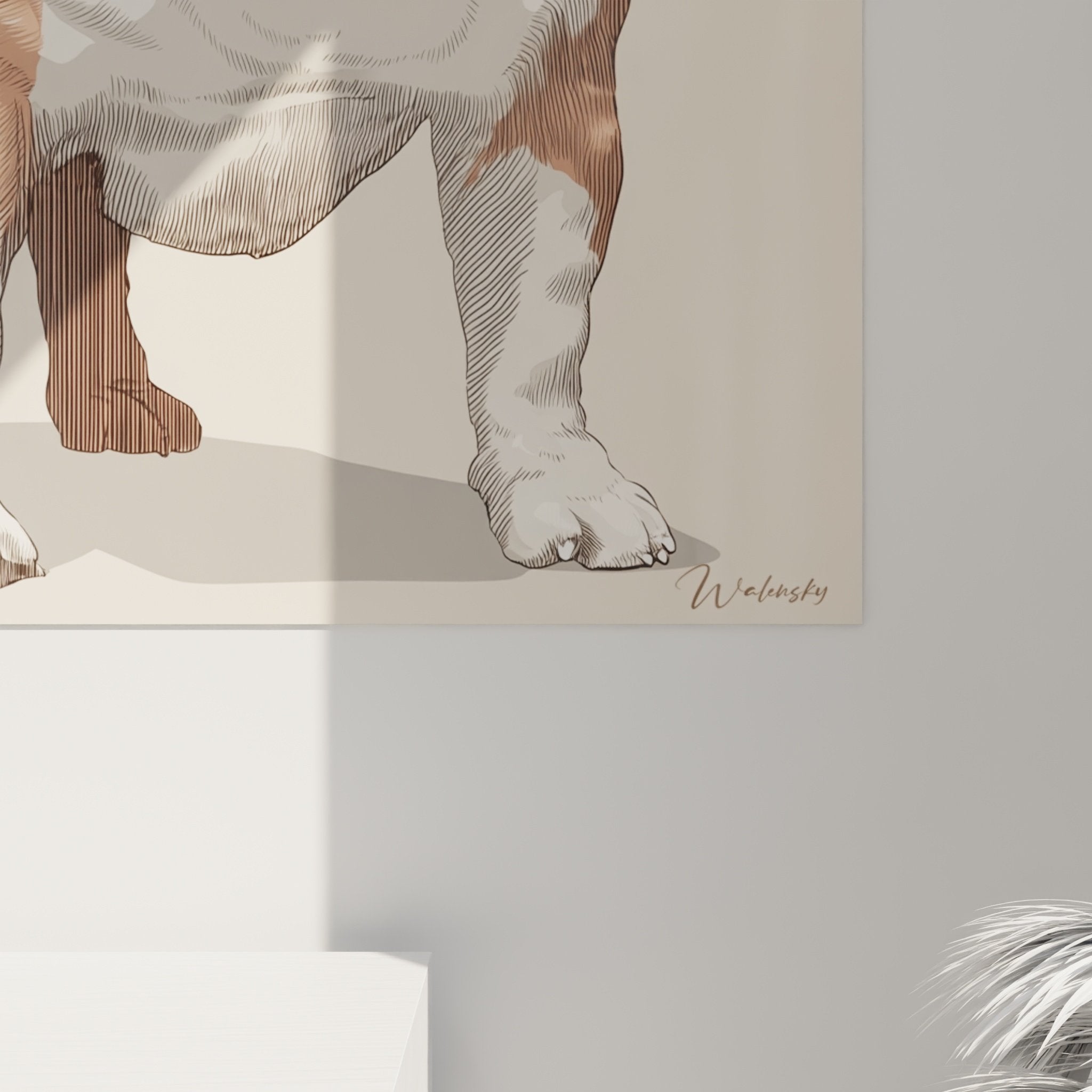 Vue ensemble tableau Bouledogue Anglais dans interieur contemporain decoration murale elegante tons chauds
