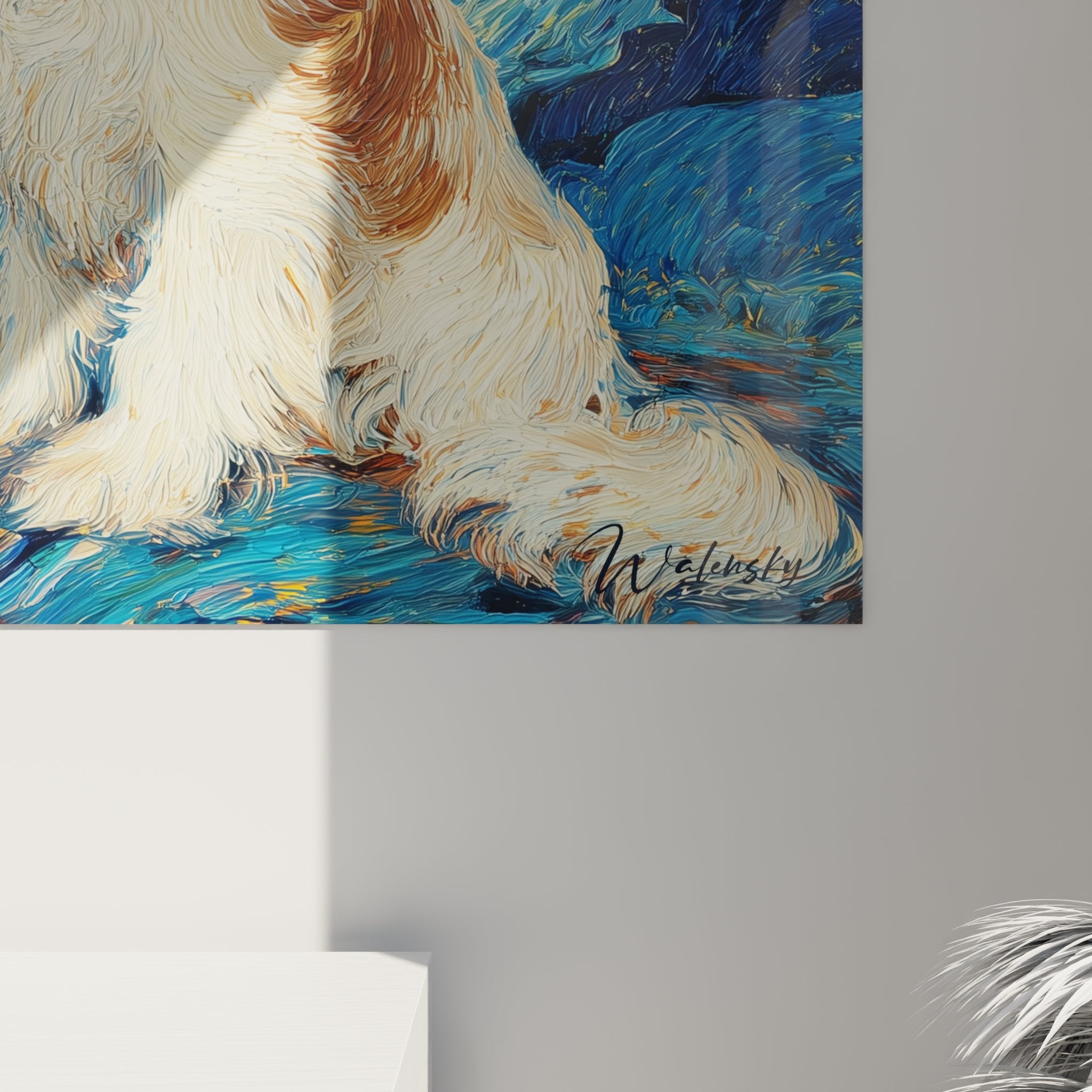 Vue ensemble tableau cavalier king charles nuit etoilee cypres etoiles dorées style post impressionniste