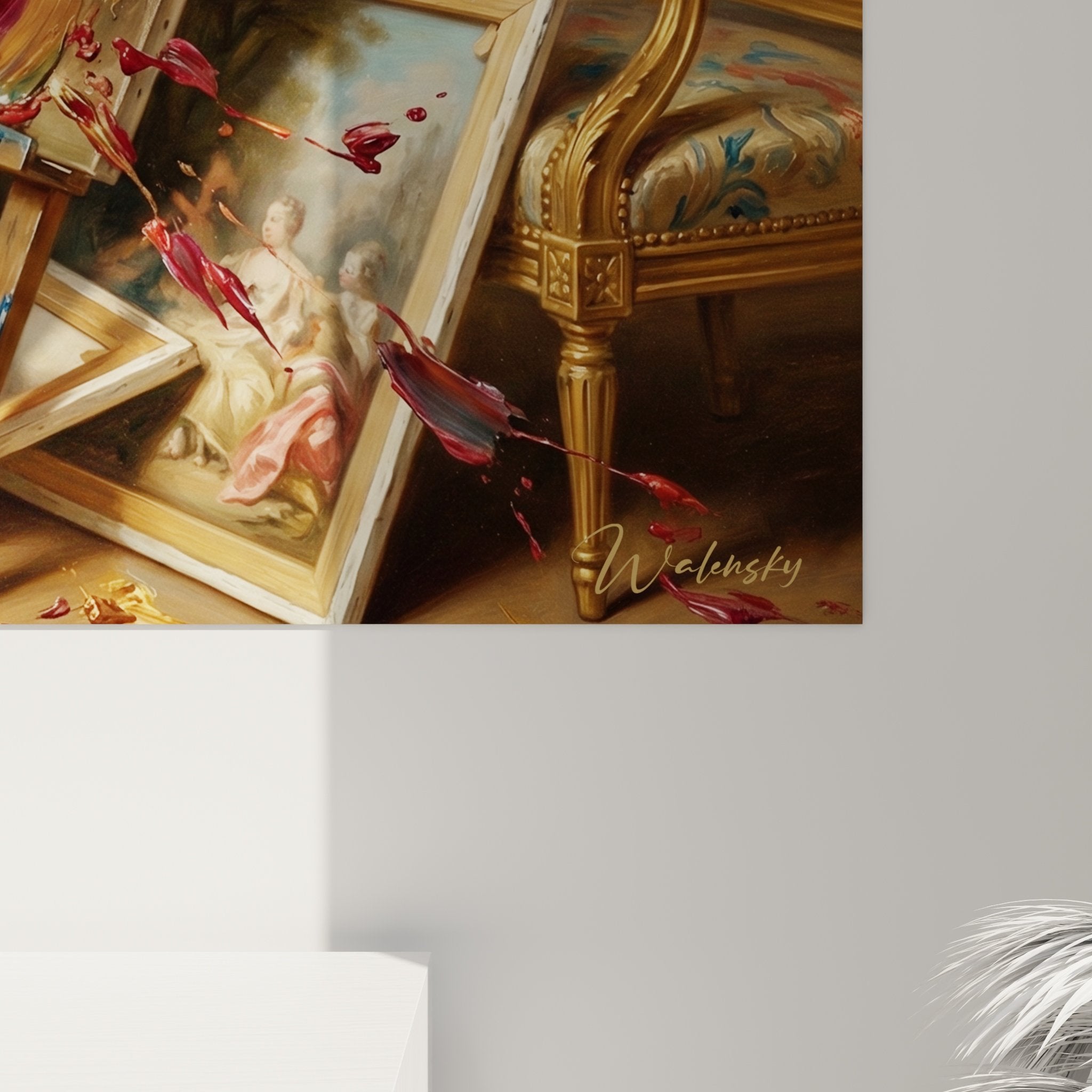 Vista d'insieme quadro cane farfalla salotto dorato mobili barocco caos artistico