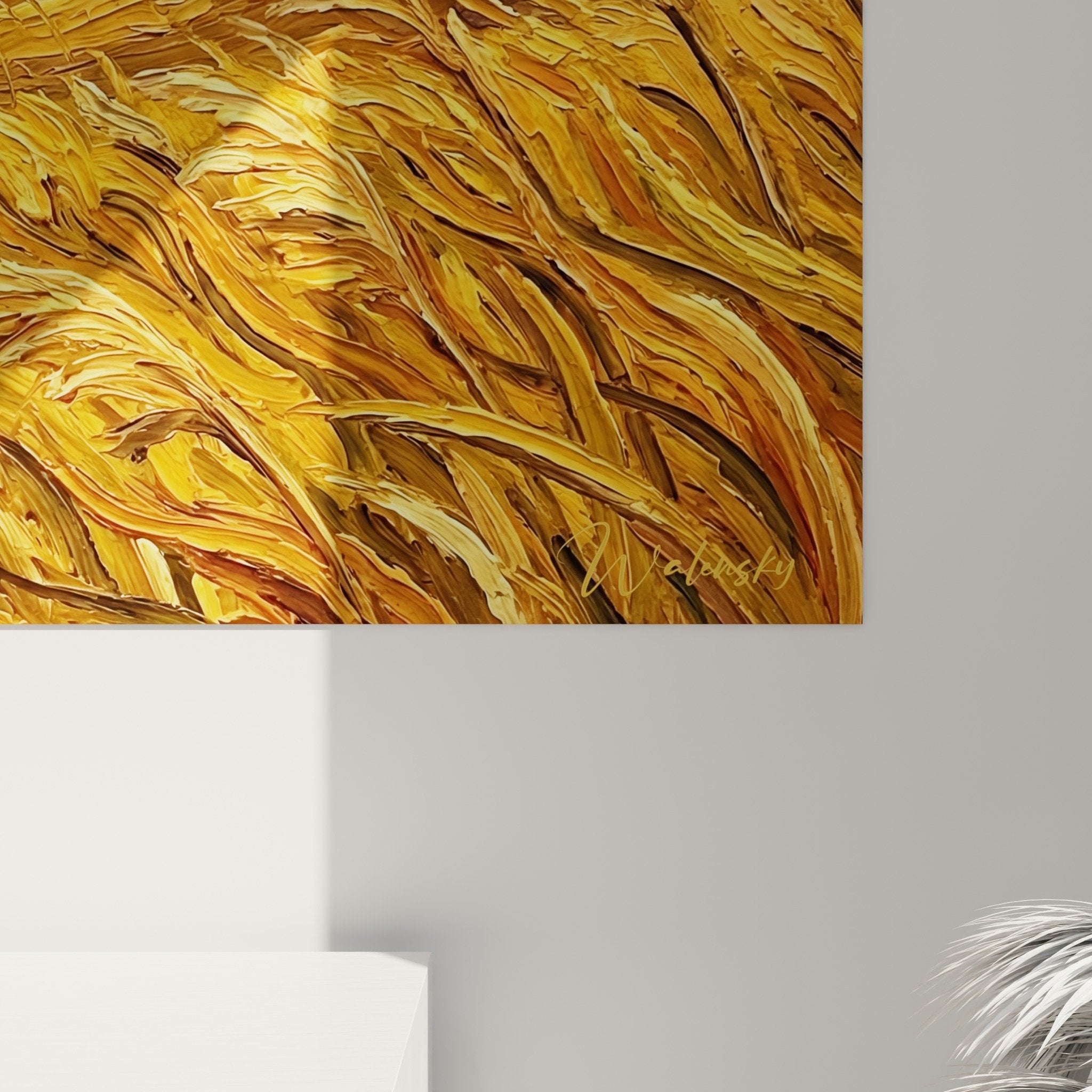 Gesamtansicht expressionistisches Meerschweinchen-Gemälde Wohnzimmer Wanddekoration warme goldene Töne